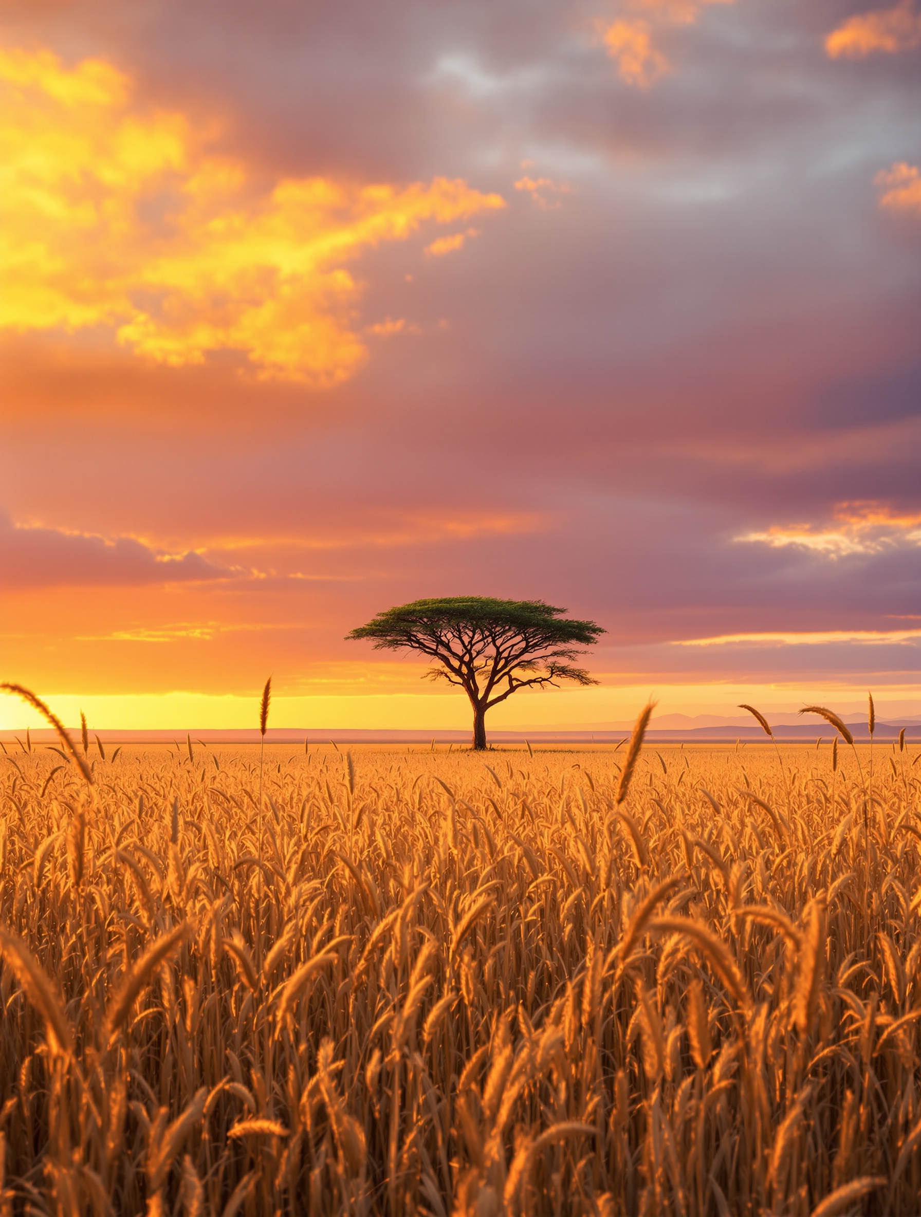 World frame for Byredo Bal D'Afrique Absolu: a vast golden-hour savanna of vetiver grass under a layered amber-to-violet African sky.