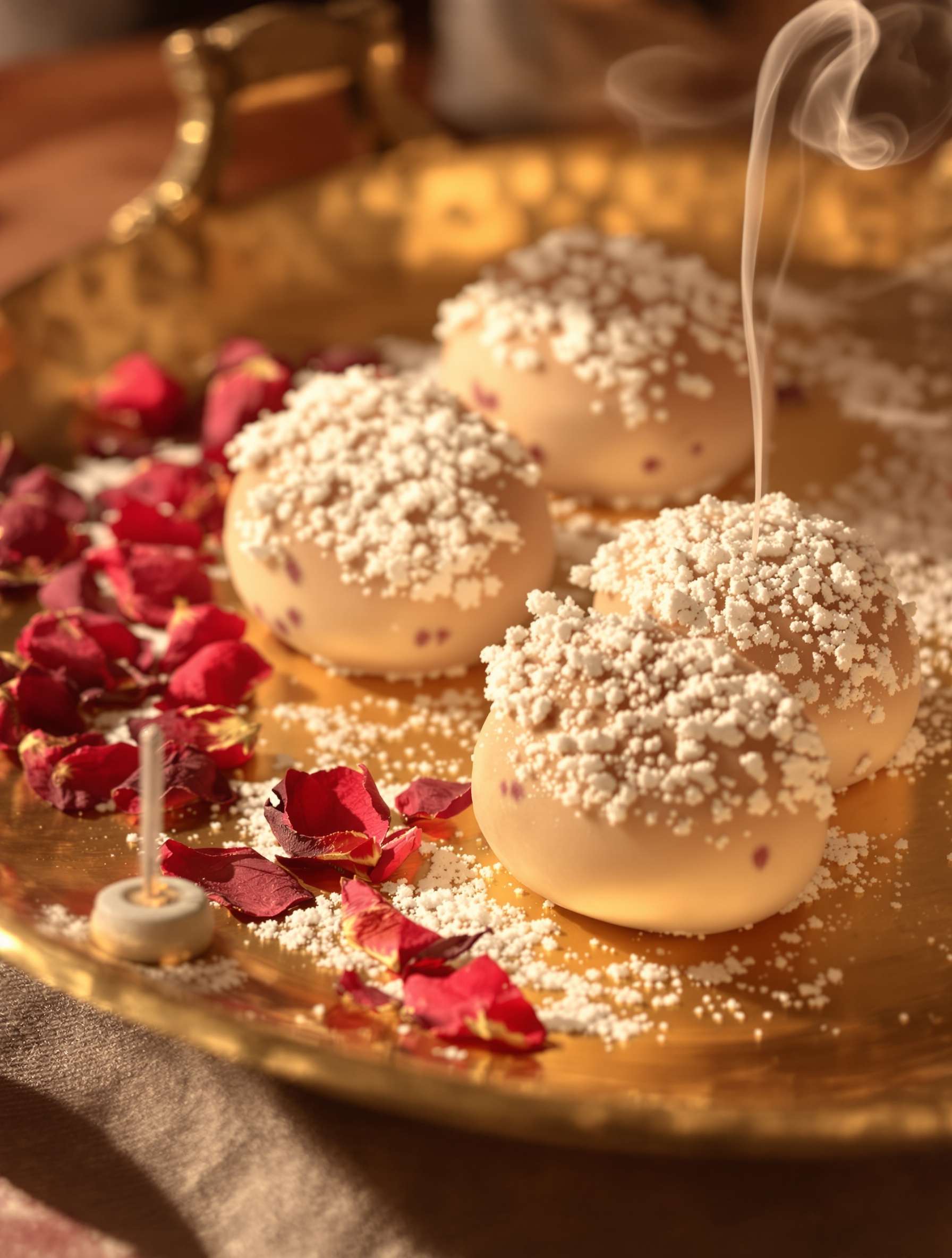 Rose loukoum, dried petals, and soft incense smoke on a brass tray for Delina Exclusif.