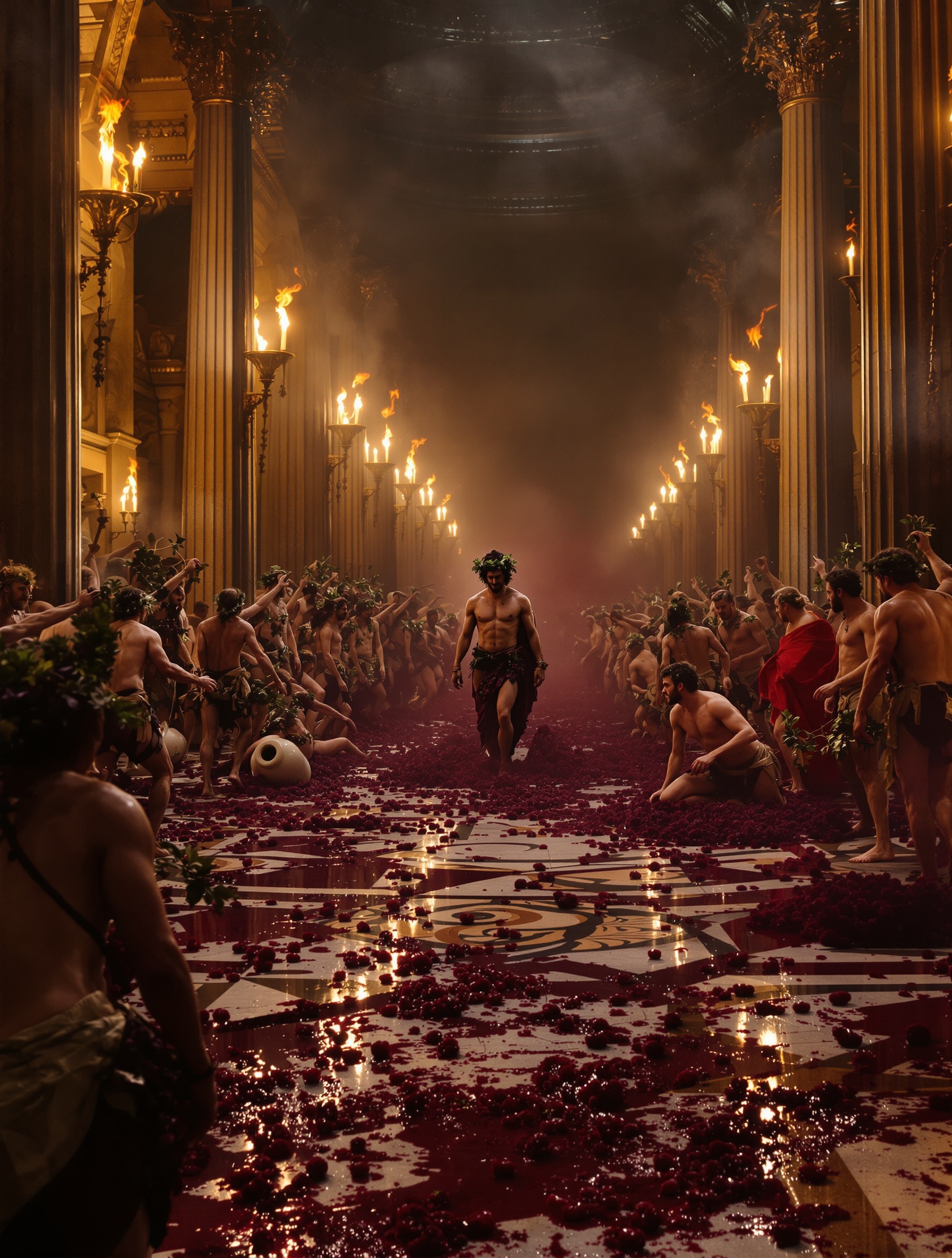 Bacchus stands triumphant amid a torchlit Roman bacchanal, ecstatic figures and wine flooding the smoke-filled columned hall in crimson and gold.