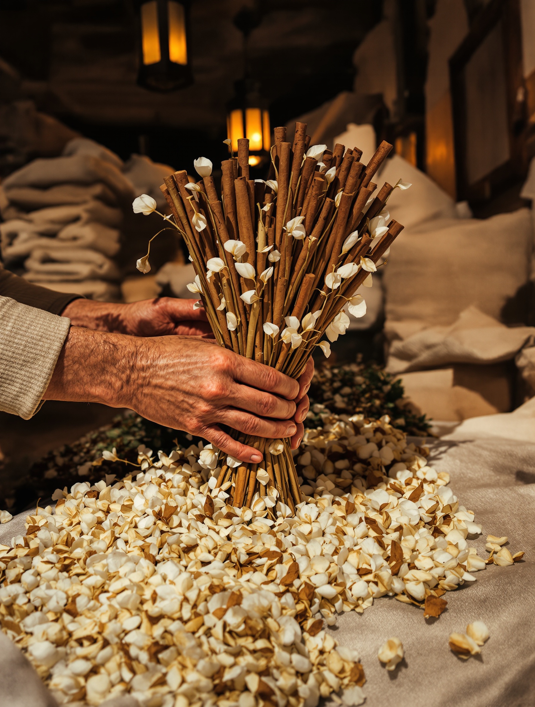 Weathered hands bundling cinnamon and jasmine at a lantern-lit Palermo market, channelling the civilizational layering of Naxos by Xerjoff.
