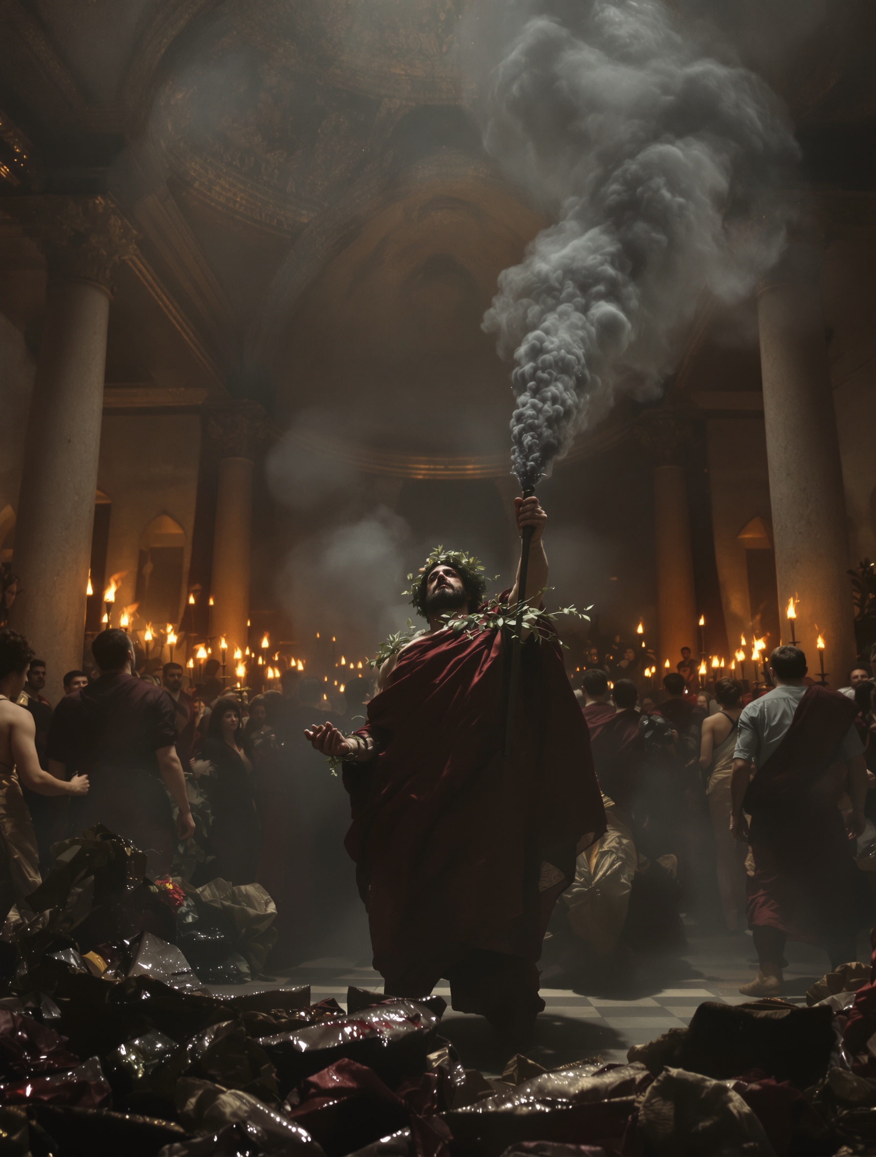 Bacchus in torchlit Roman triumph, ivy crown slipping, Caravaggio-lit, for Triumph of Bacchus Extrait by Argos.