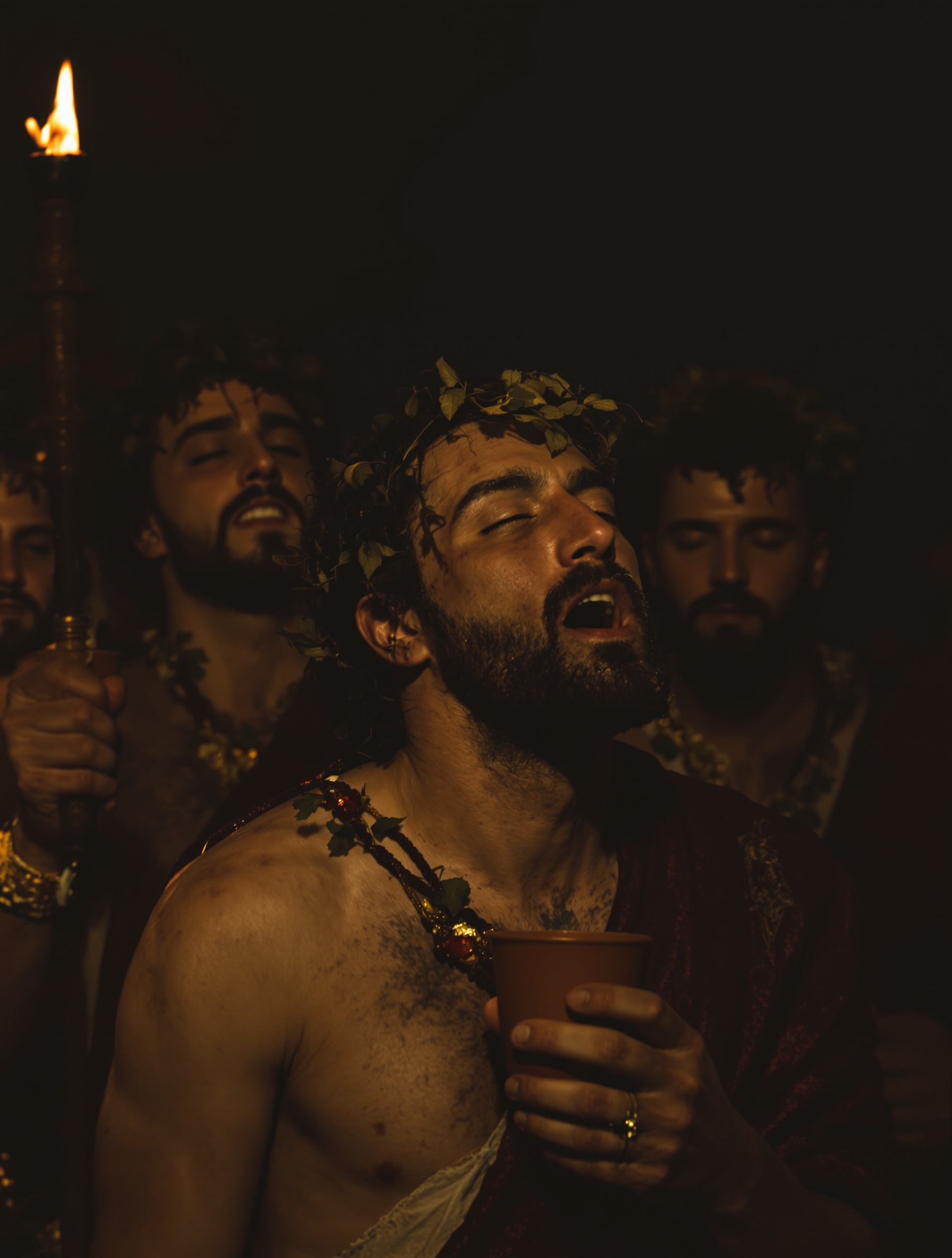 Torchlit bacchanal procession faces mid-ecstasy and dissolution, painted in Flemish Baroque chiaroscuro, for Triumph of Bacchus Extrait by Argos.