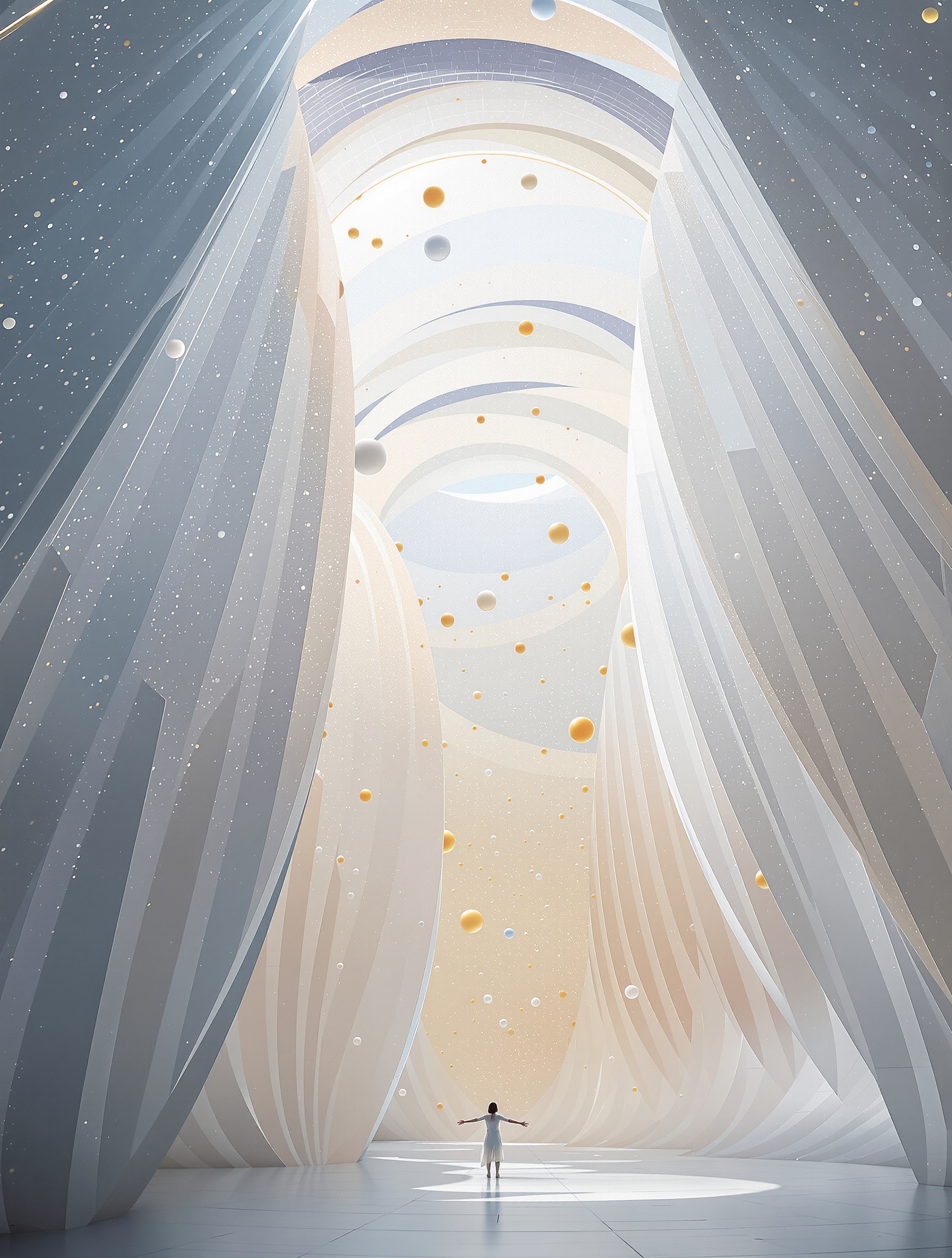 A surreal ascending dreamscape for Louis Vuitton Symphony, where sound becomes light becomes architecture, spiraling upward through a boundless pale gold sky toward transcendence.