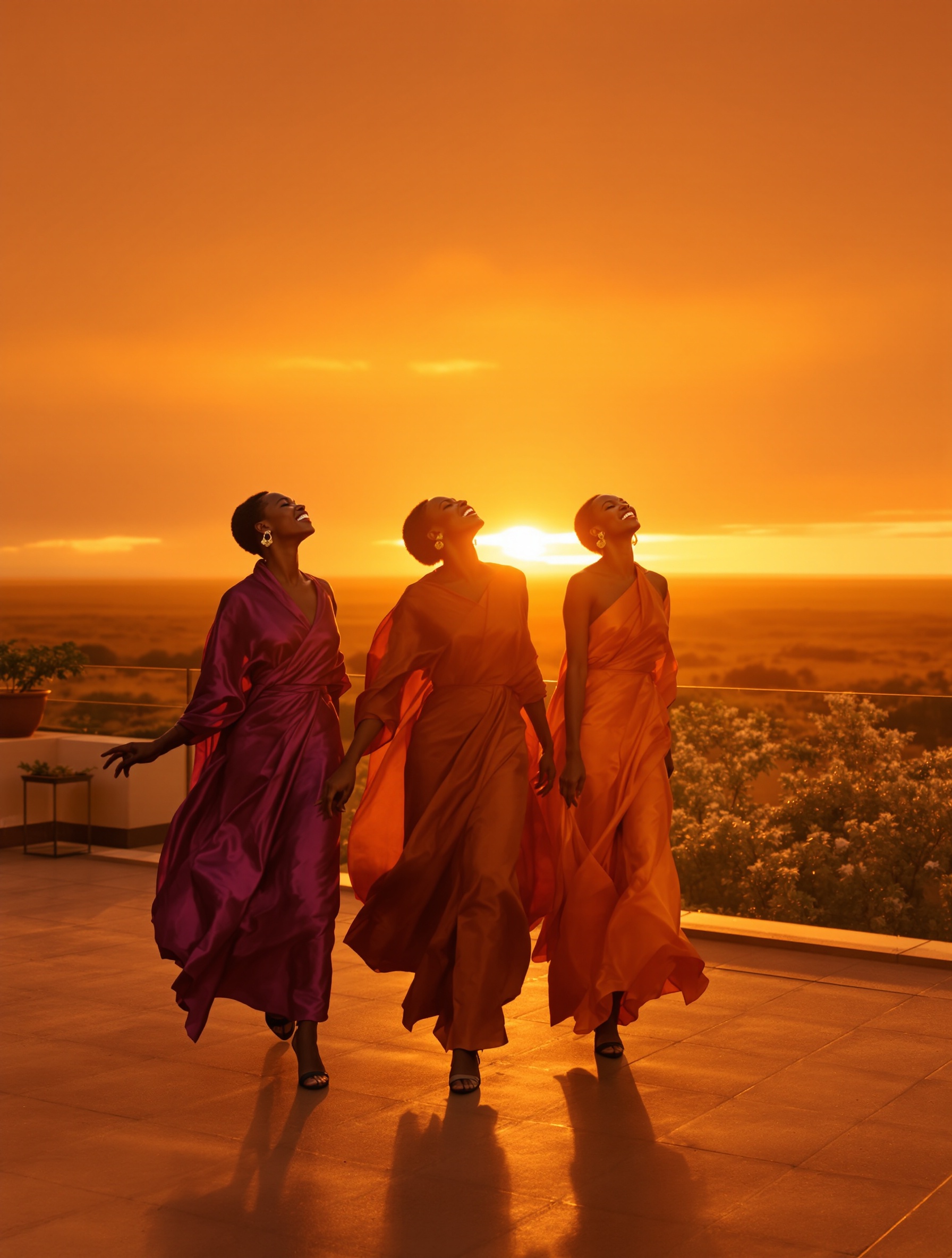 Three women in richly colored silk wraps laugh and move together on a sun-gilded terrace at dusk, the vast amber savanna glowing behind them.