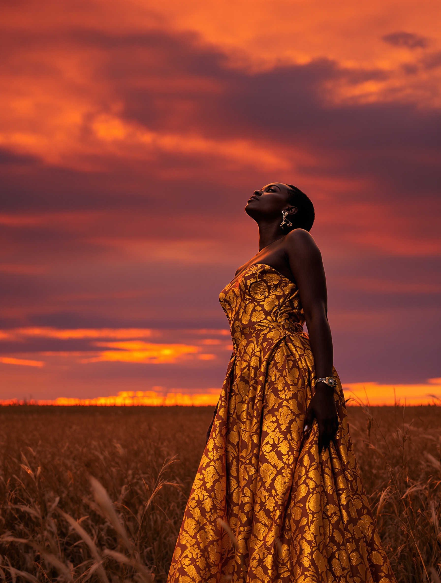 Hero frame for Byredo Bal D'Afrique Absolu: a woman in gold brocade commands a sunset savanna, amber light flooding the horizon.