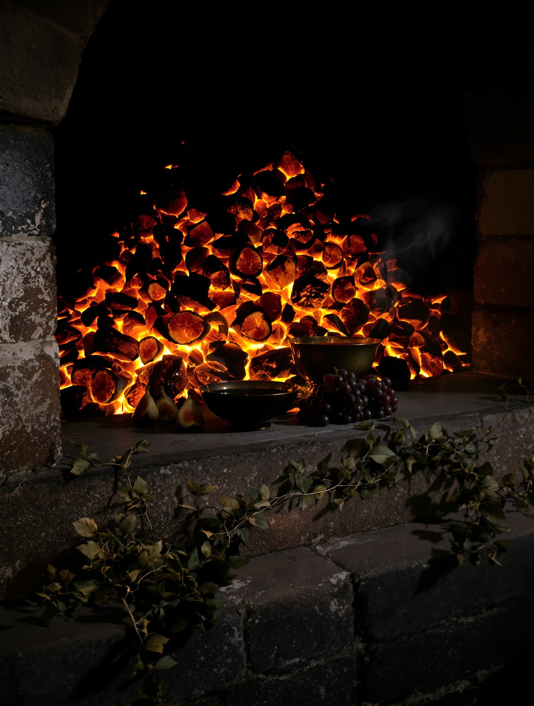 Sandalwood ember architecture and bruised offering fruit in a stone vaulted darkness, for Triumph of Bacchus Extrait by Argos.