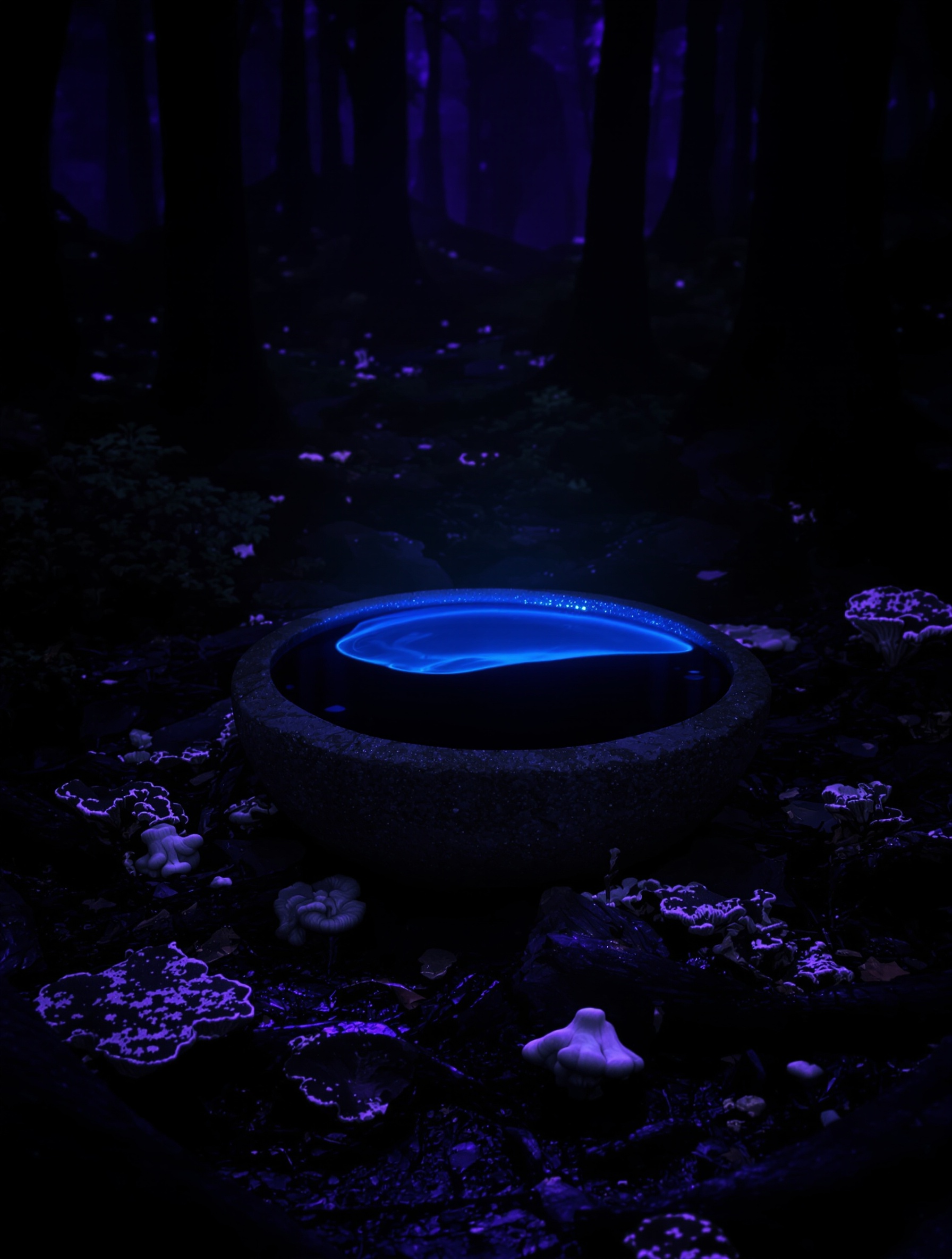 Mangkuk batu berisi cairan kyara bercahaya biru kobalt yang dingin di lantai hutan alien, ikon paling hakiki dari Kyara de Kalbar oleh Ensar Oud.