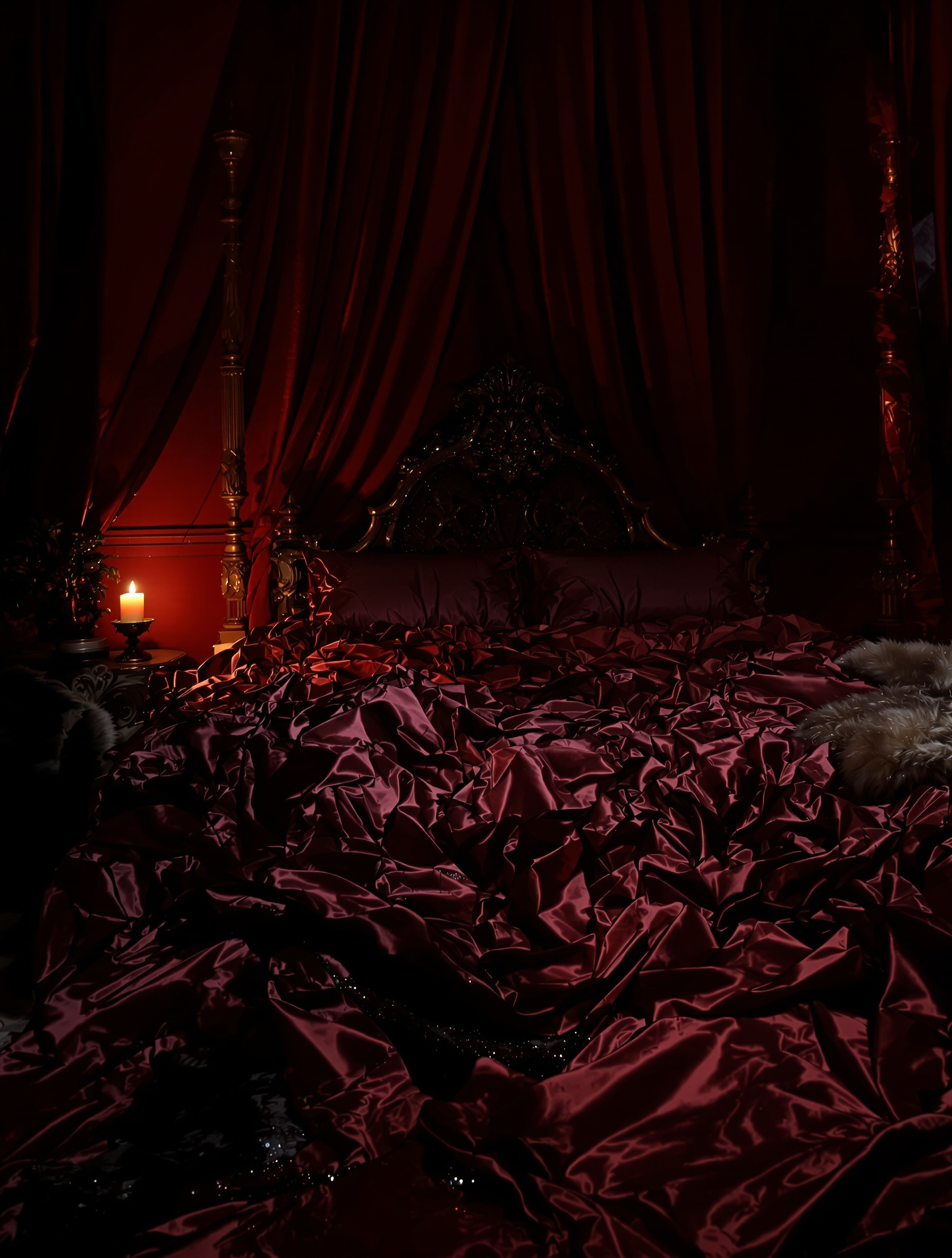 Musc Ravageur: a ransacked wine-red silk bed in near-darkness, two dented pillows and a bleeding wine glass the only evidence of the night.