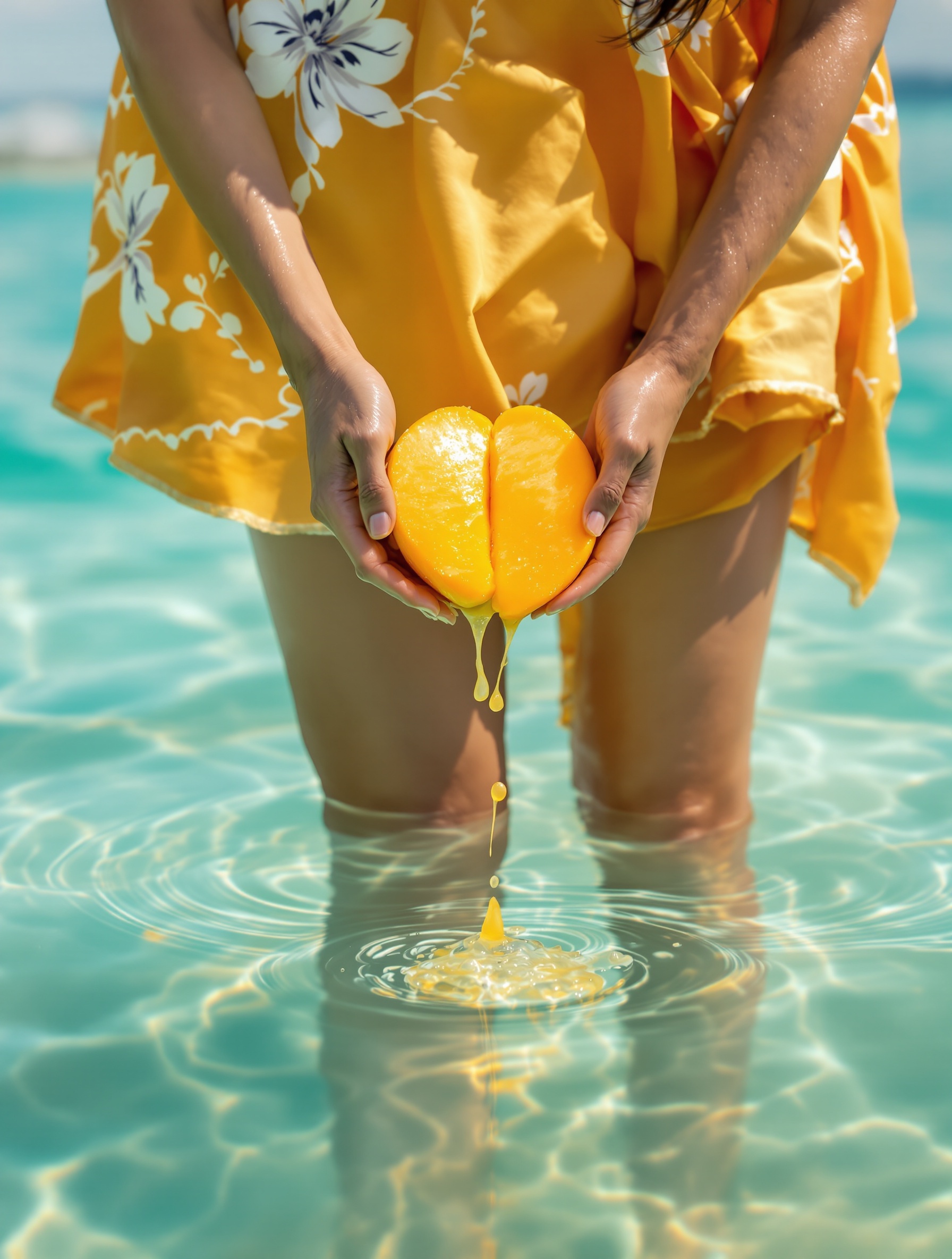 Pacific Chill przywołany przez kobietę w rozgrzanej lagunie Pacyfiku, trzymającą ociekające sokiem mango zwrócone ku otwartemu morzu.