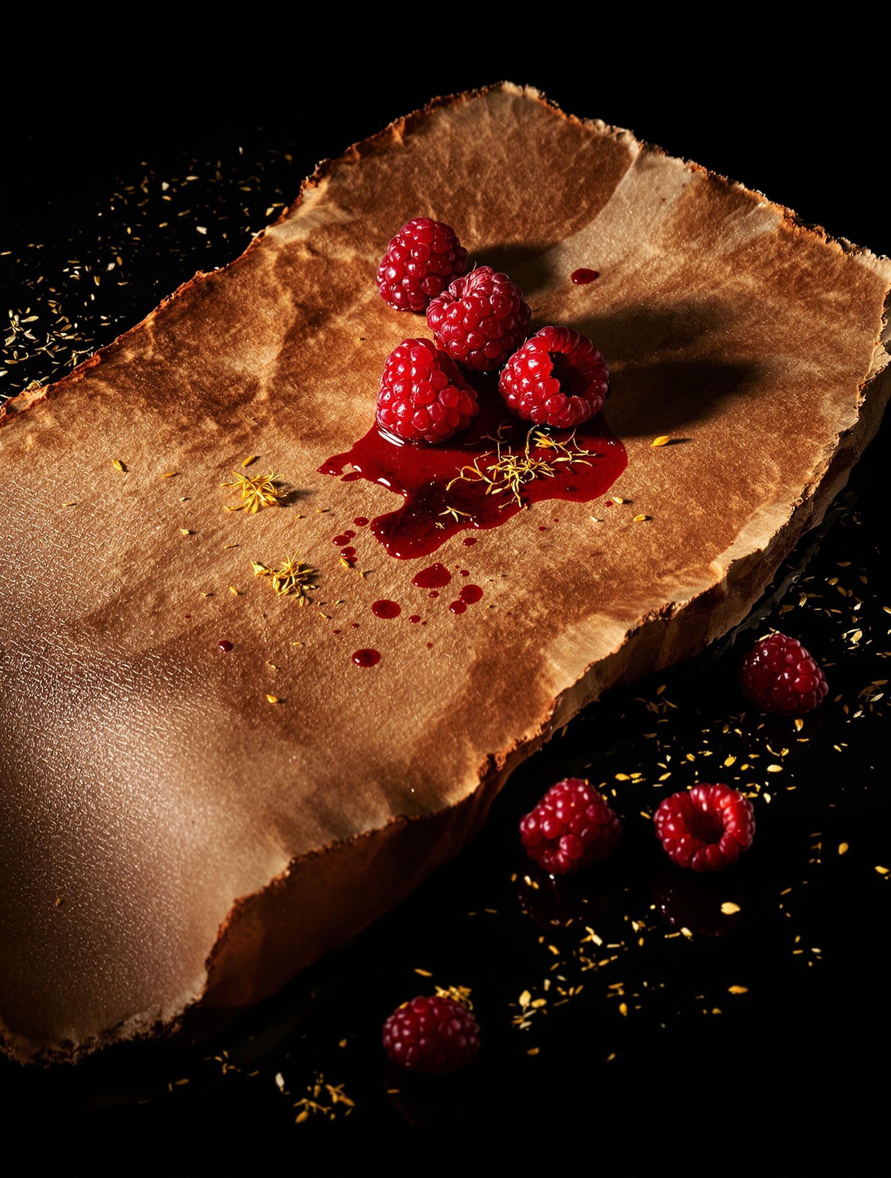 A raspberry stain bleeding into raw leather beside scattered saffron threads, the defining image of Rude Oud by Fragrance Du Bois.