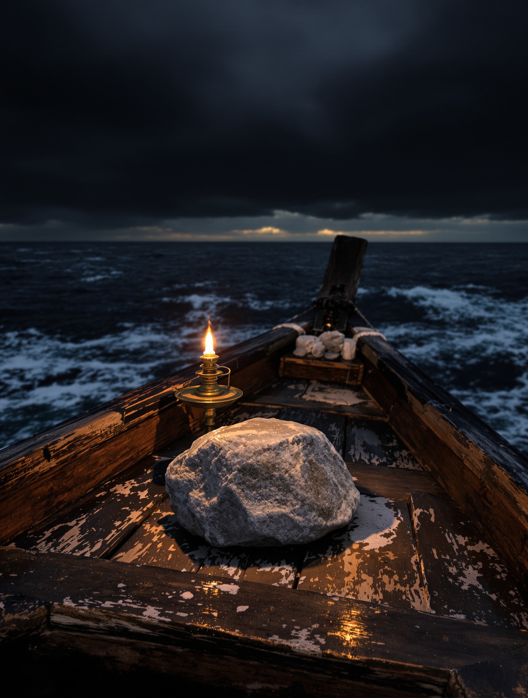 A grey lump of raw ambergris lit by a brass oil lamp on a teak boat deck over the dark Andaman Sea, evoking Ambergris Myanmar by El Khaldi.