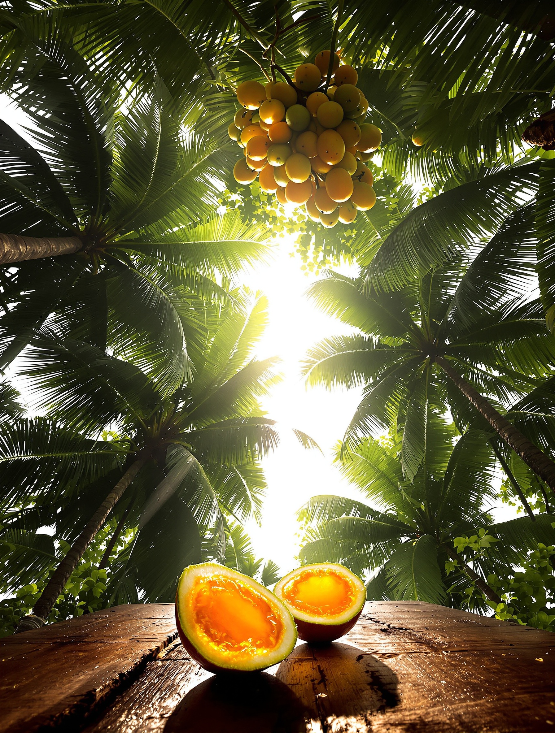 Pacific Chill wyrażony przez baldachim tropikalnych owoców i smugę równikowego światła na wyspie.