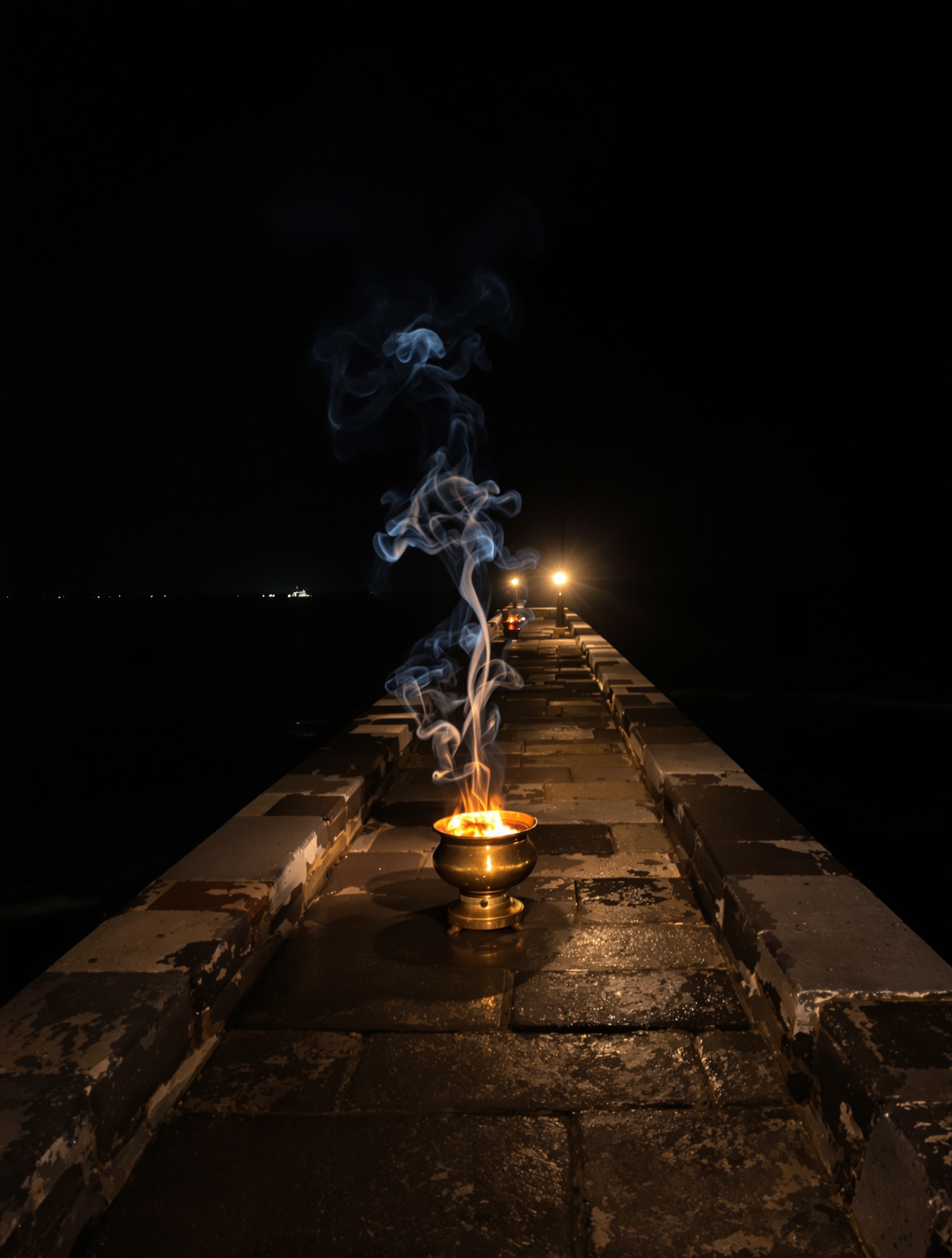 Burmese oud chips smouldering in a brass brazier on a dark Rangoon jetty as oceanic wind bends the smoke, evoking Ambergris Myanmar by El Khaldi.