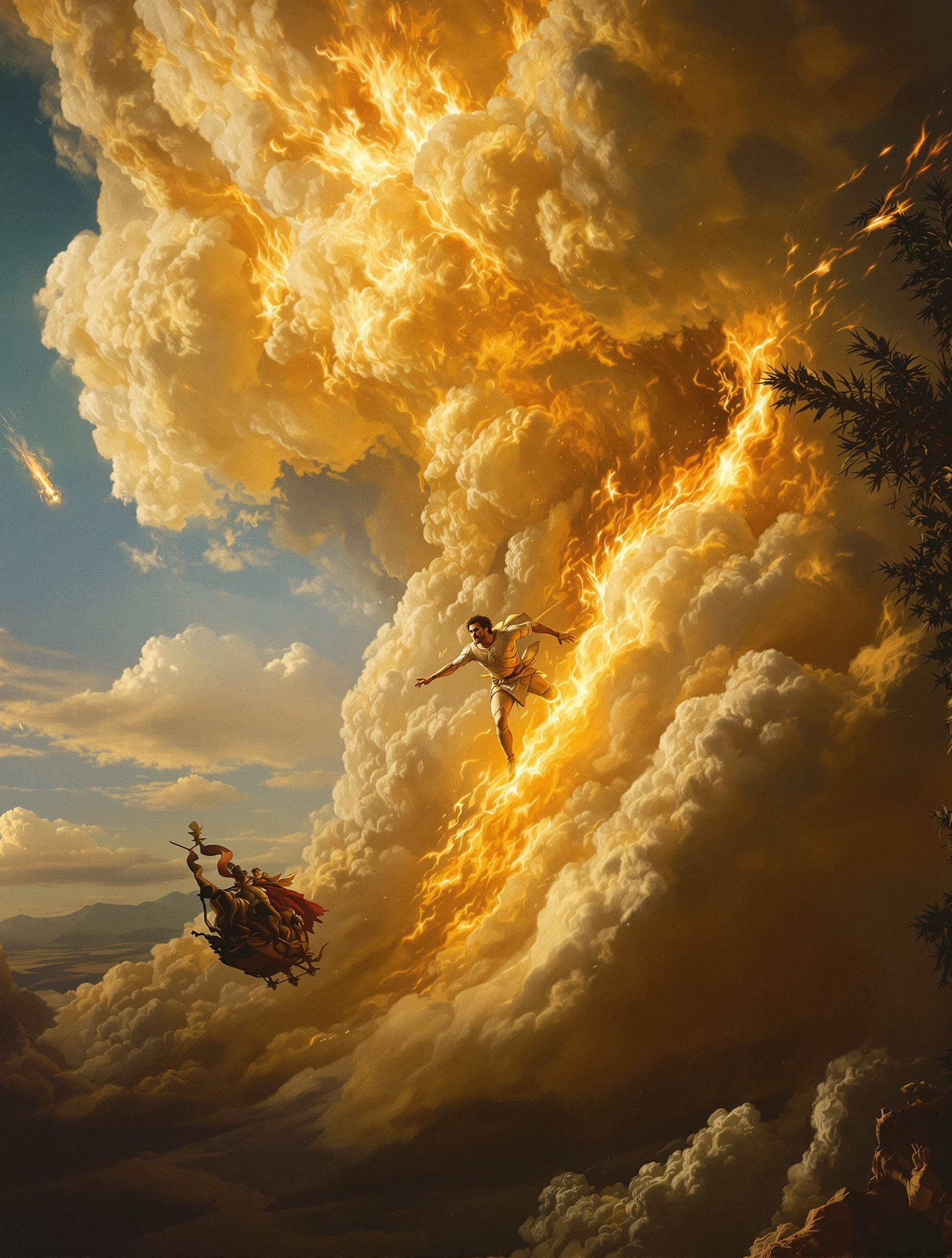 Fall of Phaeton marki Argos, ukazany jako mitologiczny tableau w skali Rubensa: złocisty ogniem młodzieniec w swobodnym spadaniu przez katastroficzne niebo złota, indygo i spalenizny.