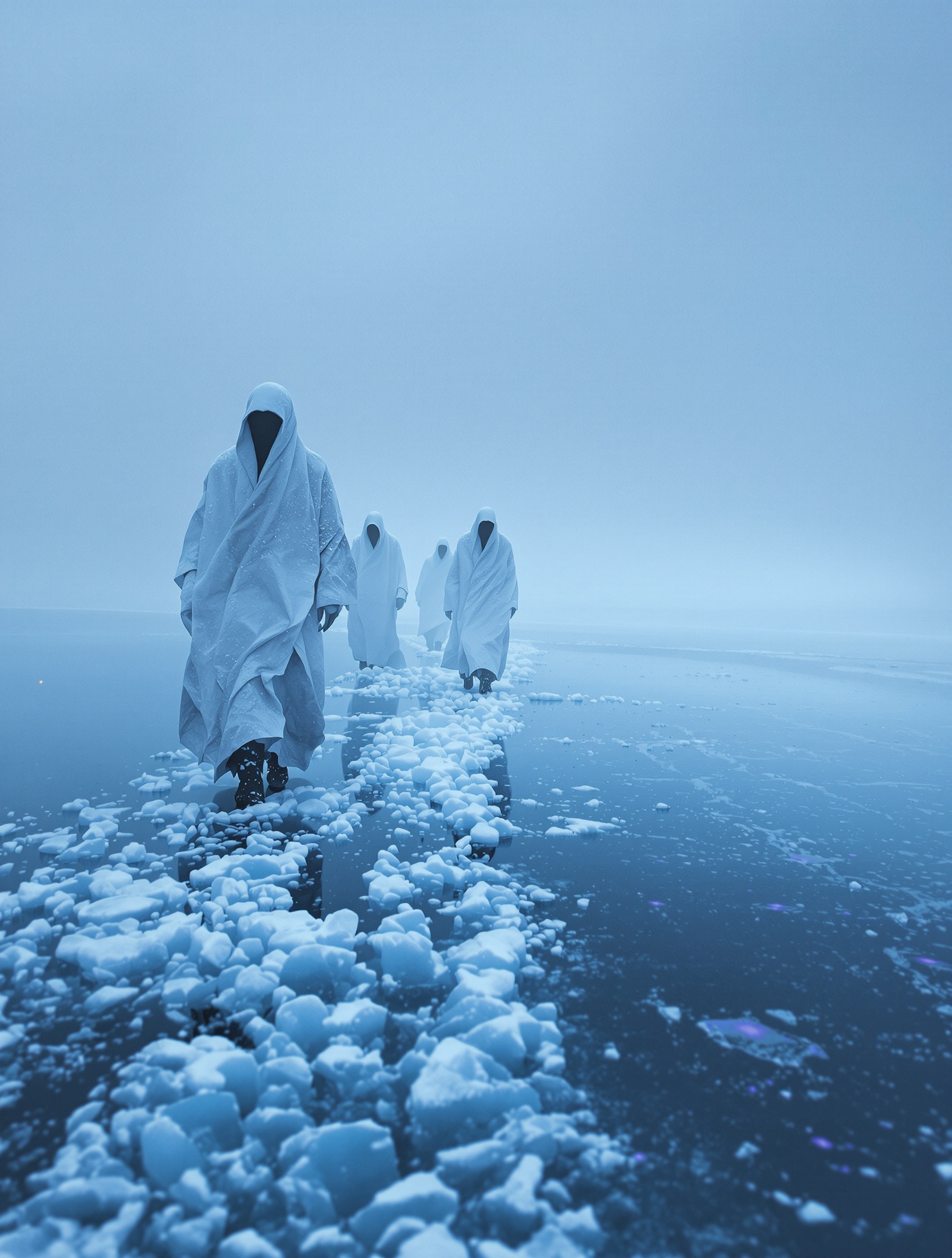 Tiga sosok serupa hantu menyeberangi danau beku di tengah badai salju, memanggul suasana sunyi dan diam-diam menghimpit dari Midwinter Storm.
