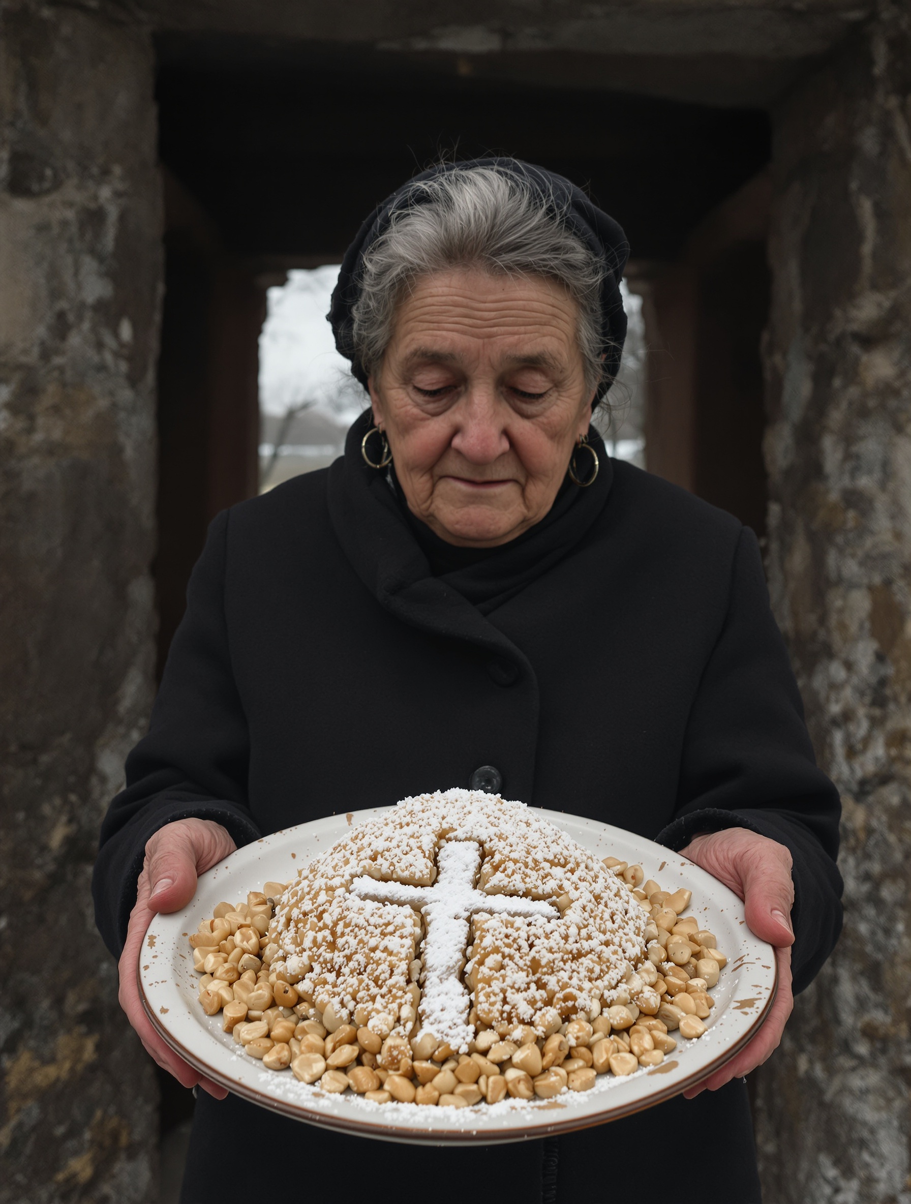 Weathered hands hold a coliva mound on an enamel plate at a fog-bound church threshold, evoking Coliva Gourmand Potion by Adi Ale Van.