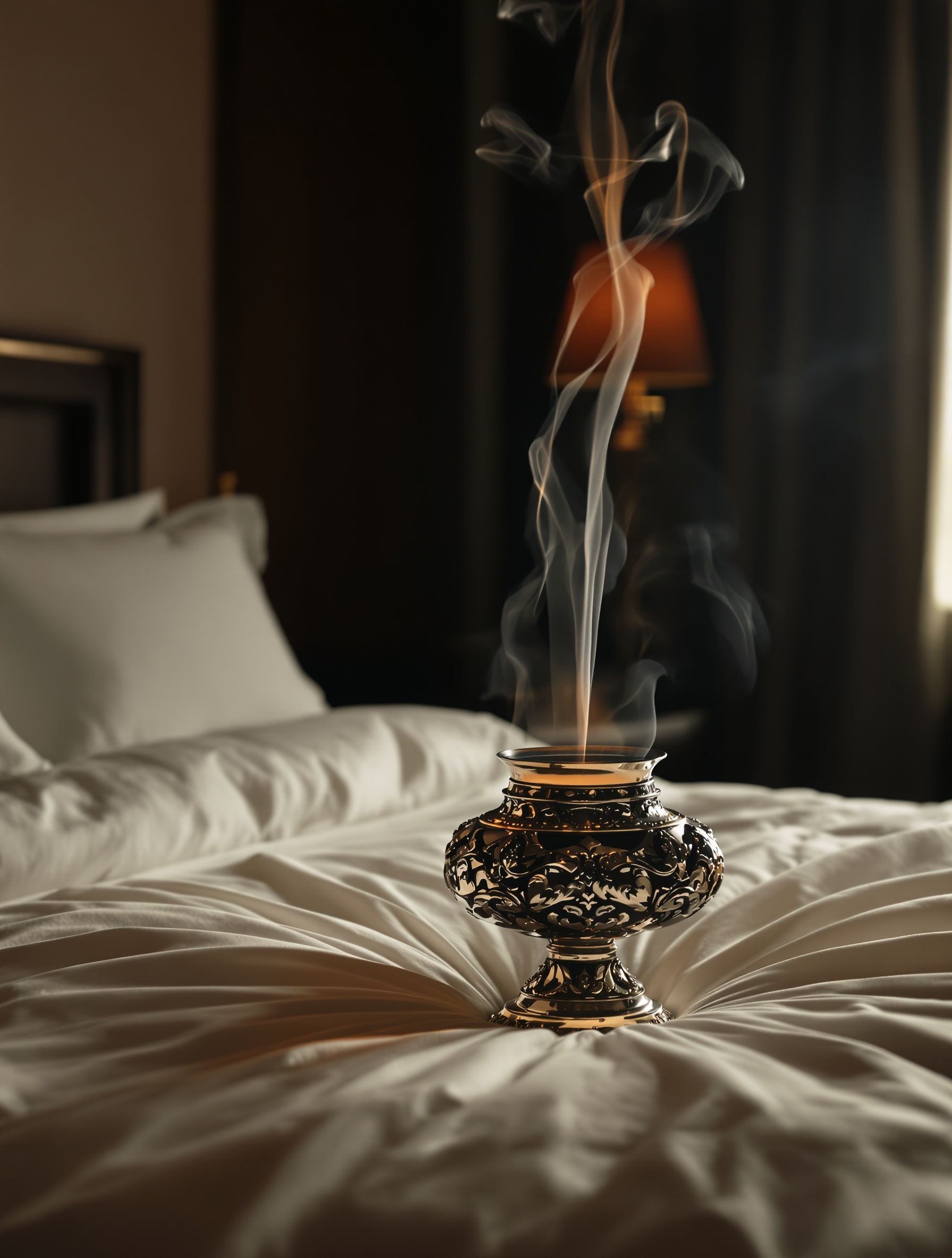 A silver censer burning smoky oud resin placed on white hotel linen, capturing the secular sacrilege at the heart of Rude Oud.