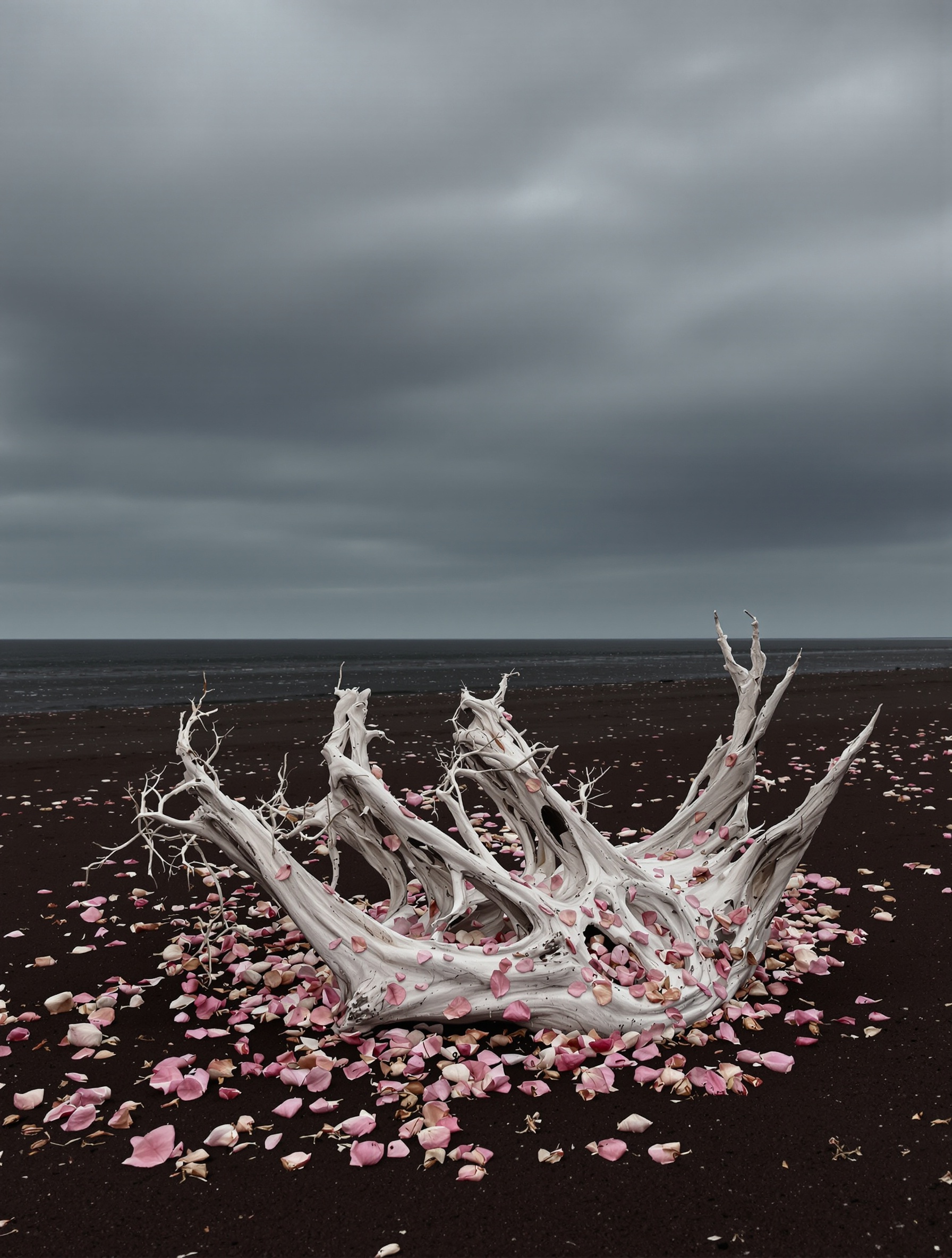 A bleached whale vertebra on a red-soil beach at dark low tide with rose petals caught in its hollows, evoking Ambergris Myanmar by El Khaldi.