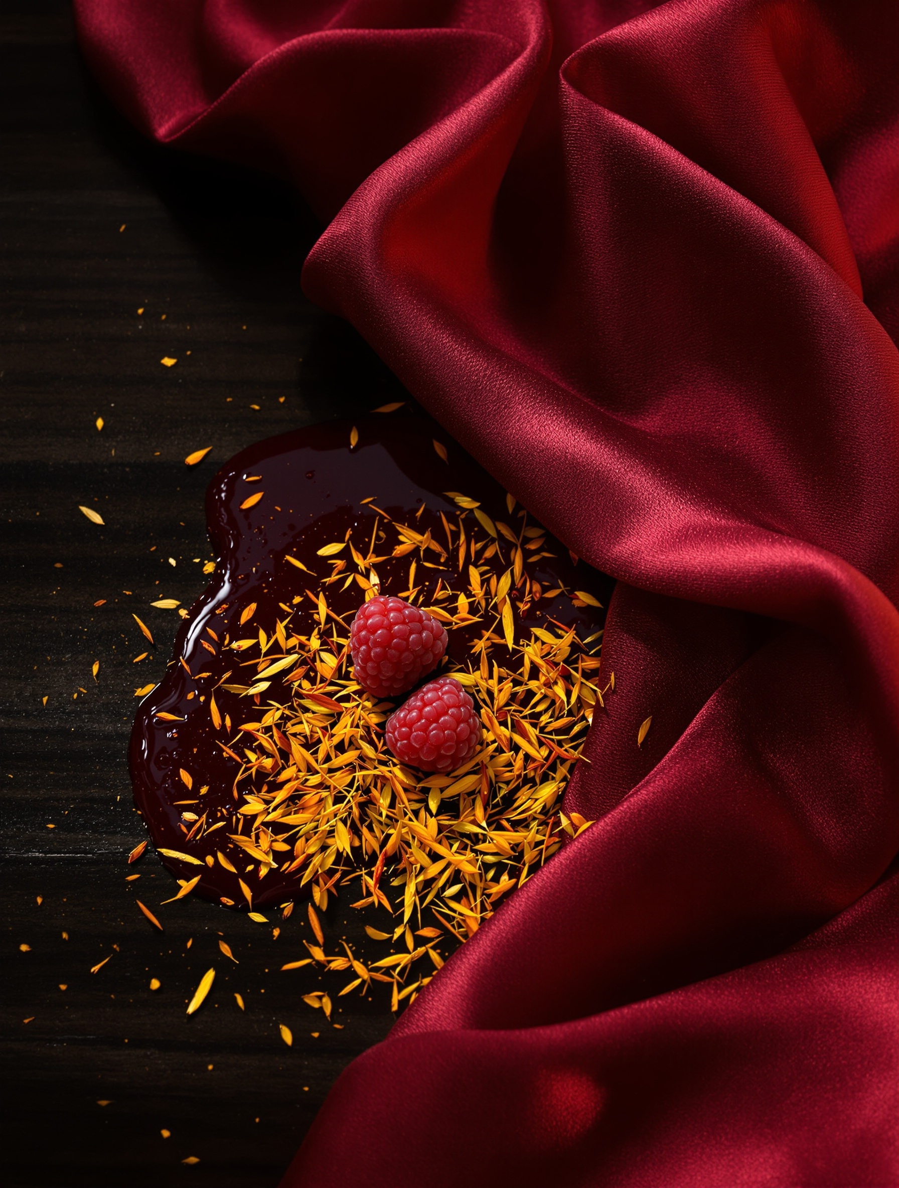 Saffron threads and a crushed raspberry against dark burgundy silk, a close evocative detail of the spiced fruity core of Rude Oud.