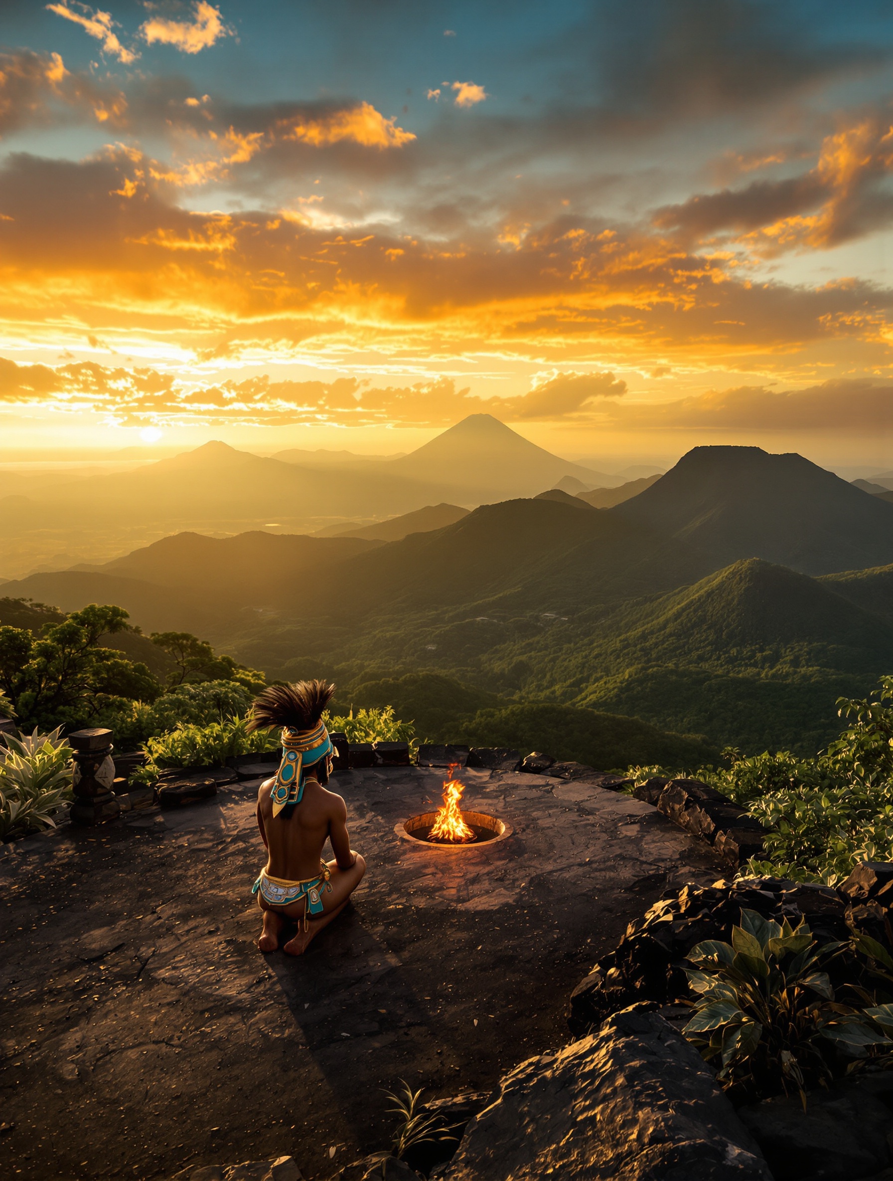 A lone priest ignites the new sacred fire atop a volcanic summit at golden sunrise, evoking the ceremonial grandeur of 777 God of Fire.