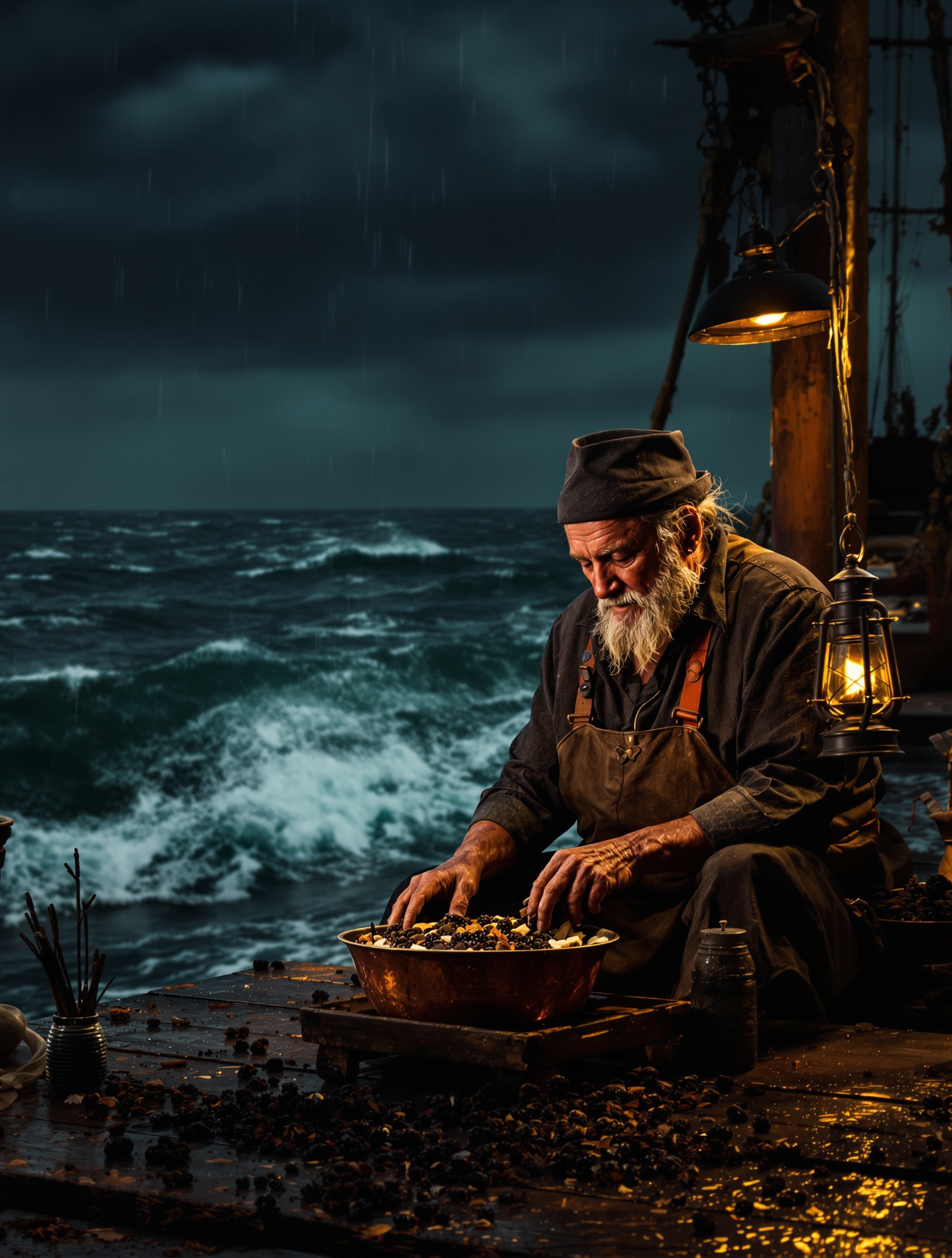 A weathered merchant sorts precious resins by lantern light on a storm-lashed harbour dock, the vast dark churning ocean consuming the background behind him.