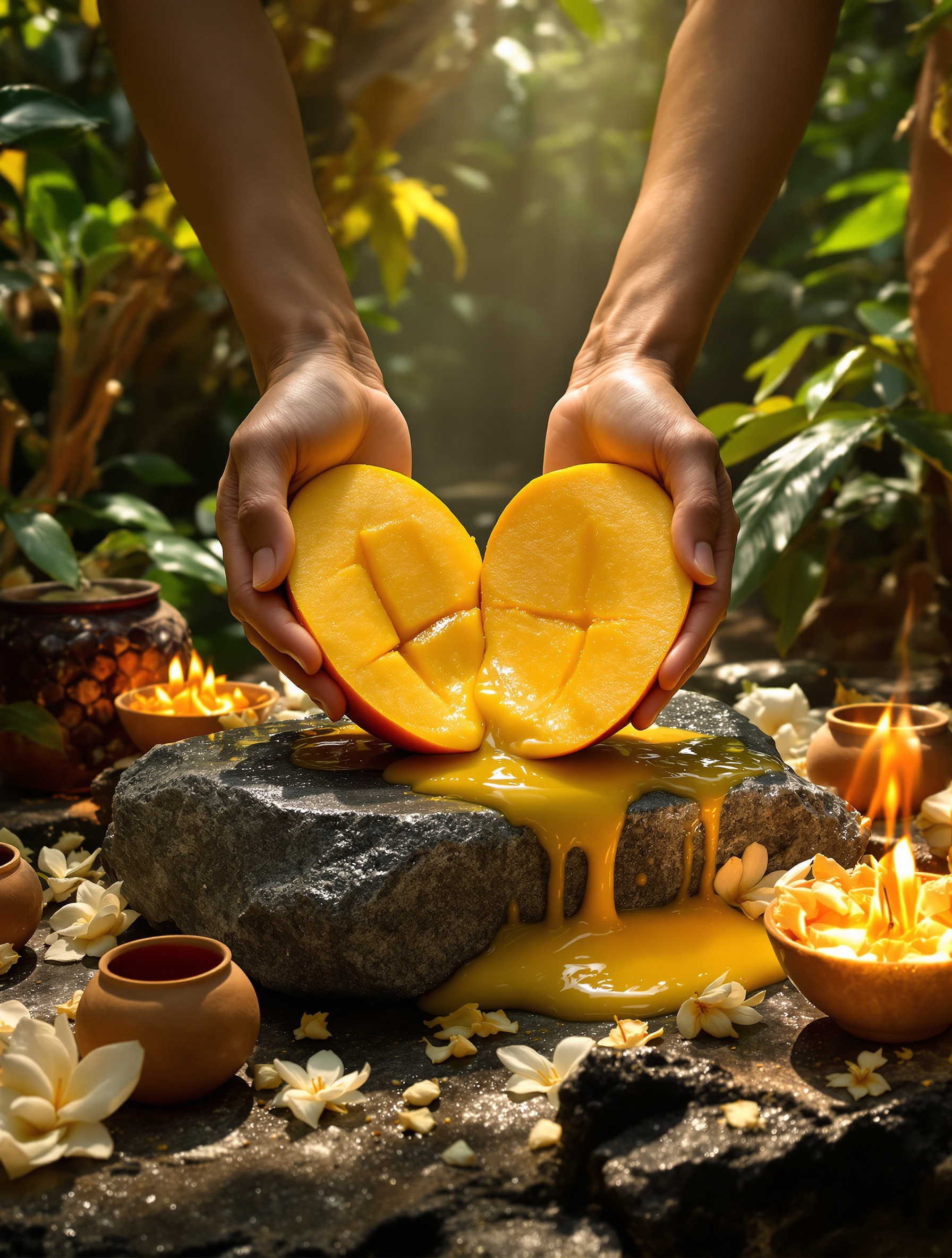 Ripe mango split on a stone altar amid jasmine and glowing embers in jungle light, capturing the tropical sacred offering heart of 777 God of Fire.
