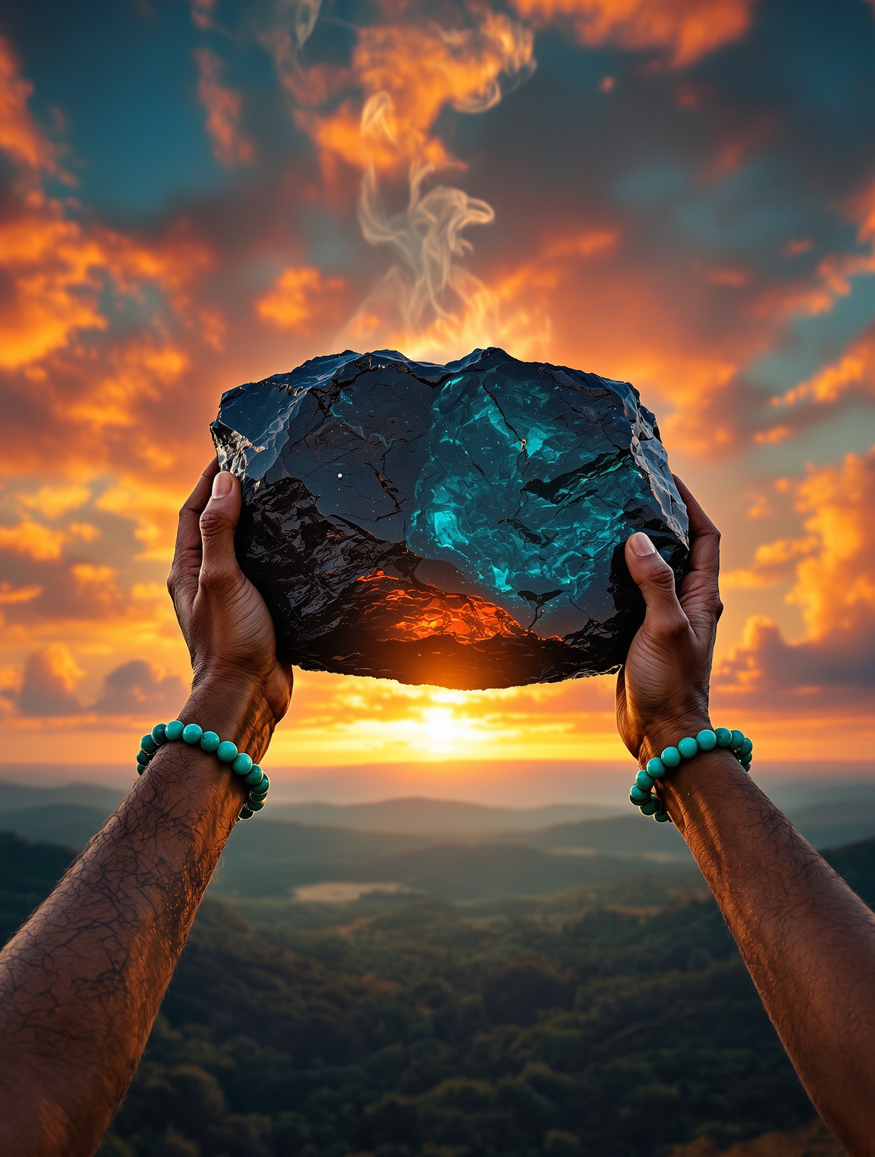 Hands raise a slab of raw obsidian toward a burning golden sky, embodying the duality at the core of 777 God of Fire.