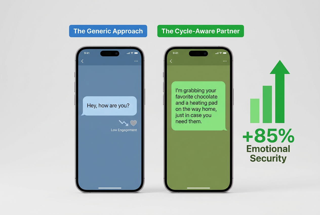 Generic texts often increase the mental load, whereas cycle-aware messages provide proactive support, positioning you as a more competent and reliable partner.