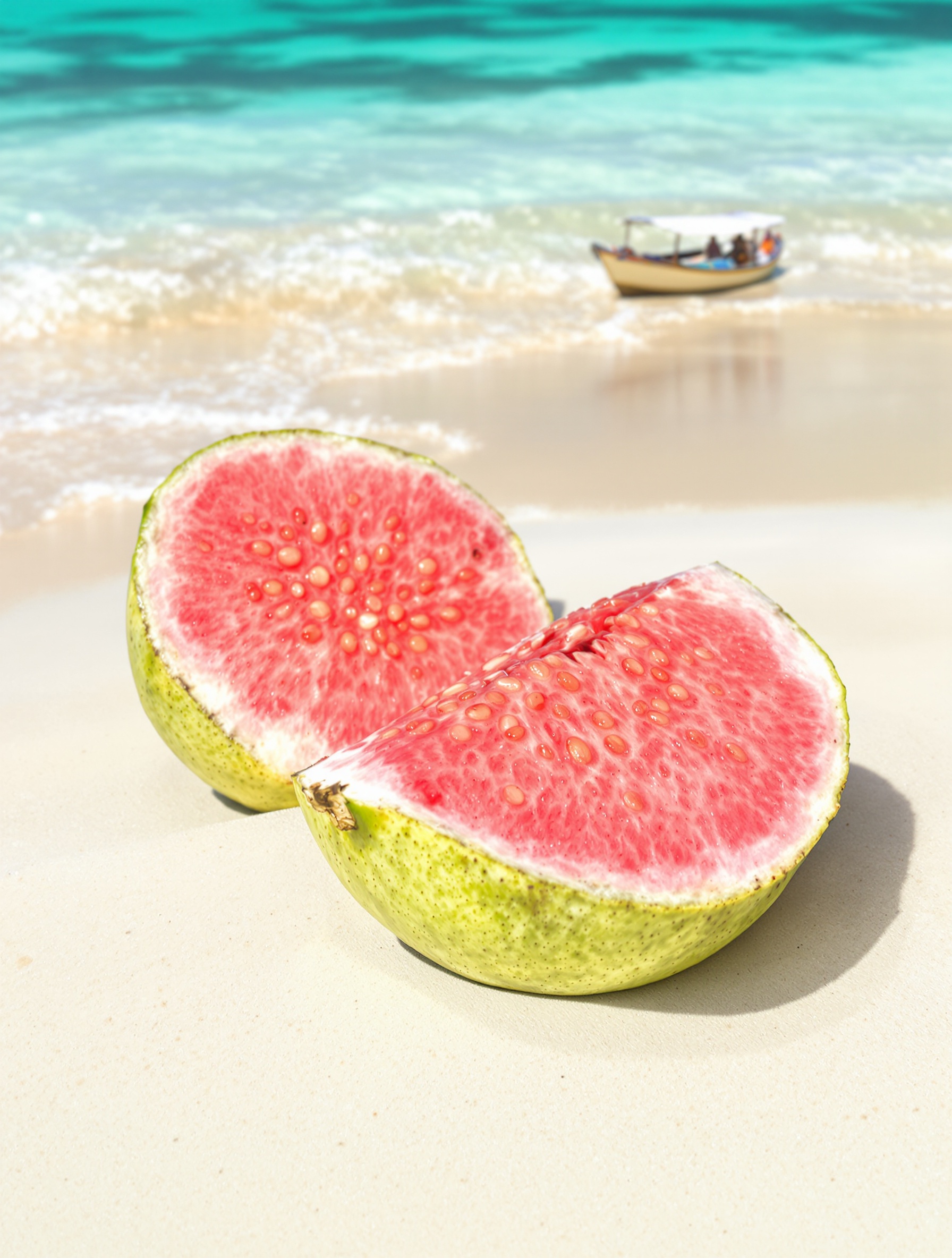 Jambu biji terbelah di atas pasir putih Zanzibar bercahaya dalam terik matahari tengah hari, dengan Samudra Hindia pirus dan deretan dhow berlabuh di belakangnya, membangkitkan Tales from Zanzibar karya Memoirs of a Perfume Collector.