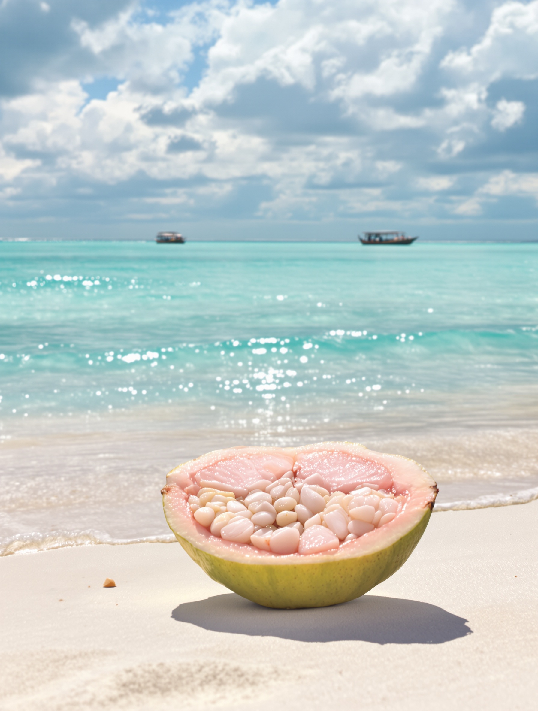 Jambu biji terbelah di atas pasir putih menjadi latar depan dua dhow di atas laut Zanzibar yang pirus dalam Tales from Zanzibar karya Memoirs of a Perfume Collector.