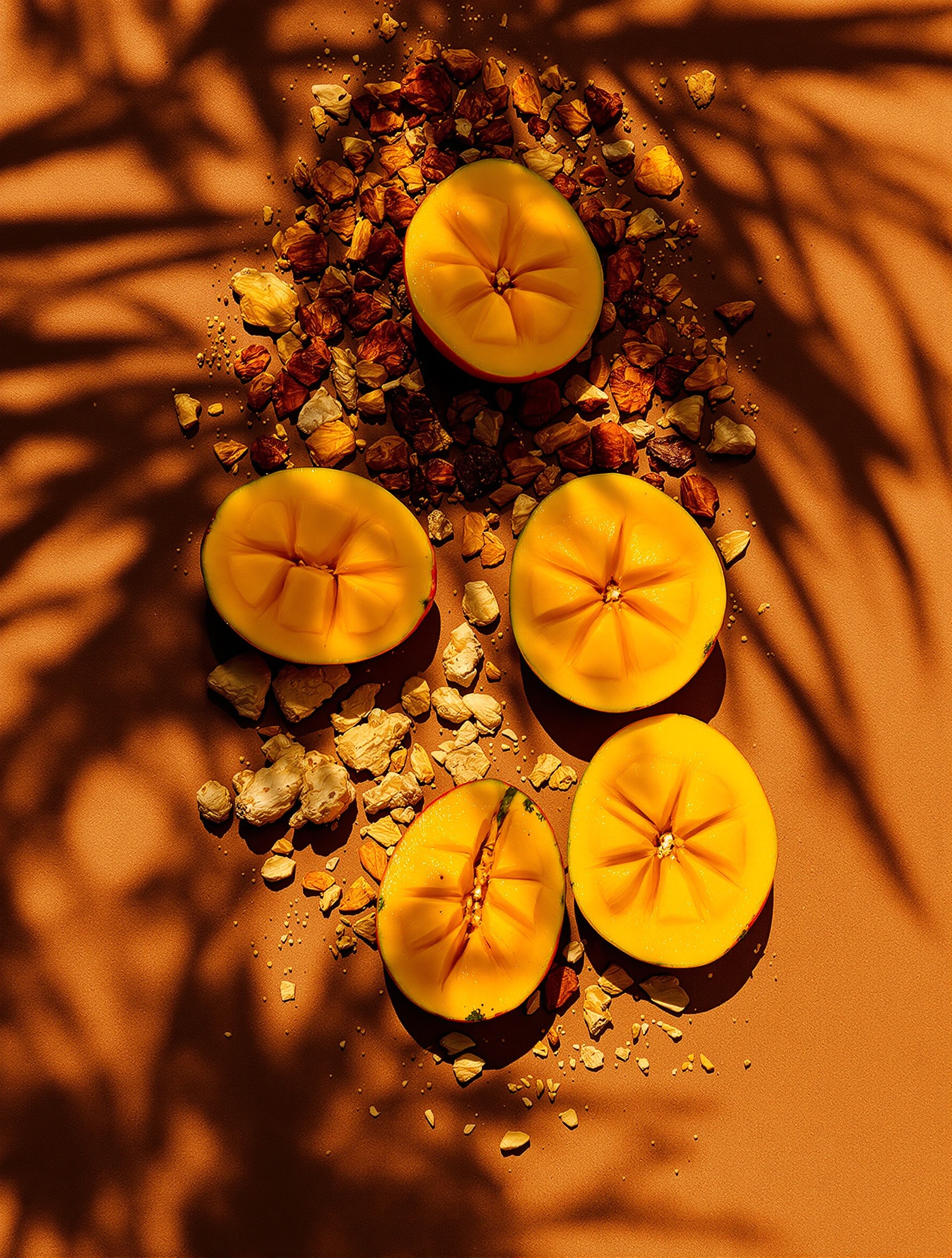 An overhead flat-lay of halved golden mangoes, charred oud chips, and ginger root arranged like a ritual offering on sun-baked terracotta earth under fierce tropical light and palm shadow.