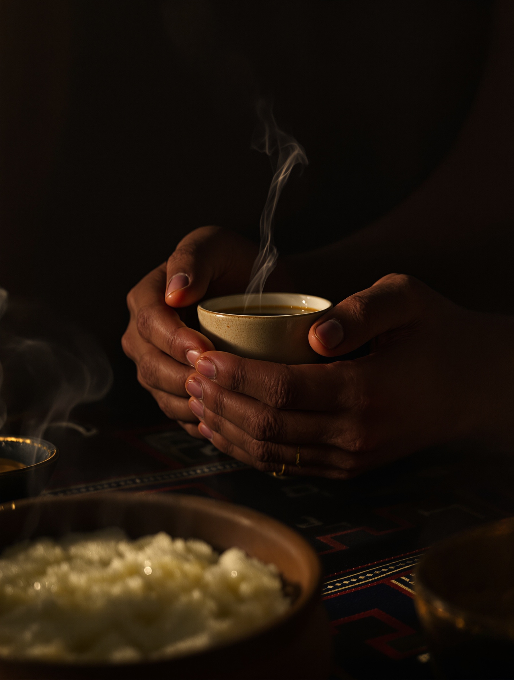 Tangan bernoda saffron mendekap cangkir kopi yang mengepul dalam bayang karavanserai yang pekat, asap cade melingkar naik menembus seleret cahaya lentera berwarna amber.