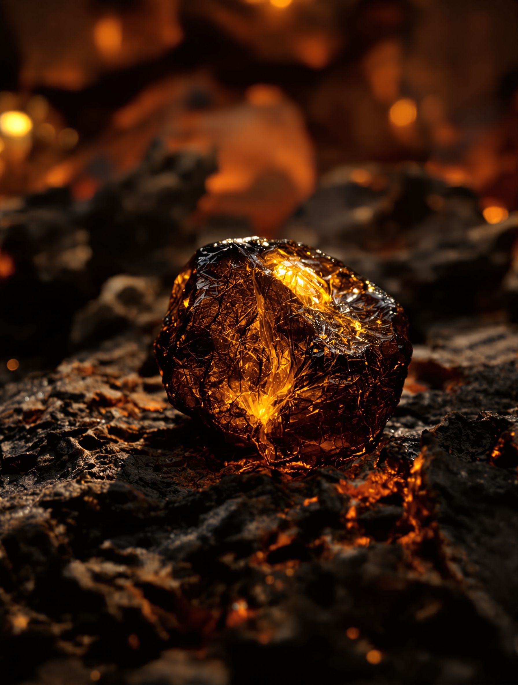 Detail tekstural untuk Caden karya Oman Luxury: resin labdanum mentah menggenang dan bercahaya di atas kulit cistus yang menghitam oleh asap, menangkap satu titik cahaya api yang menyala.