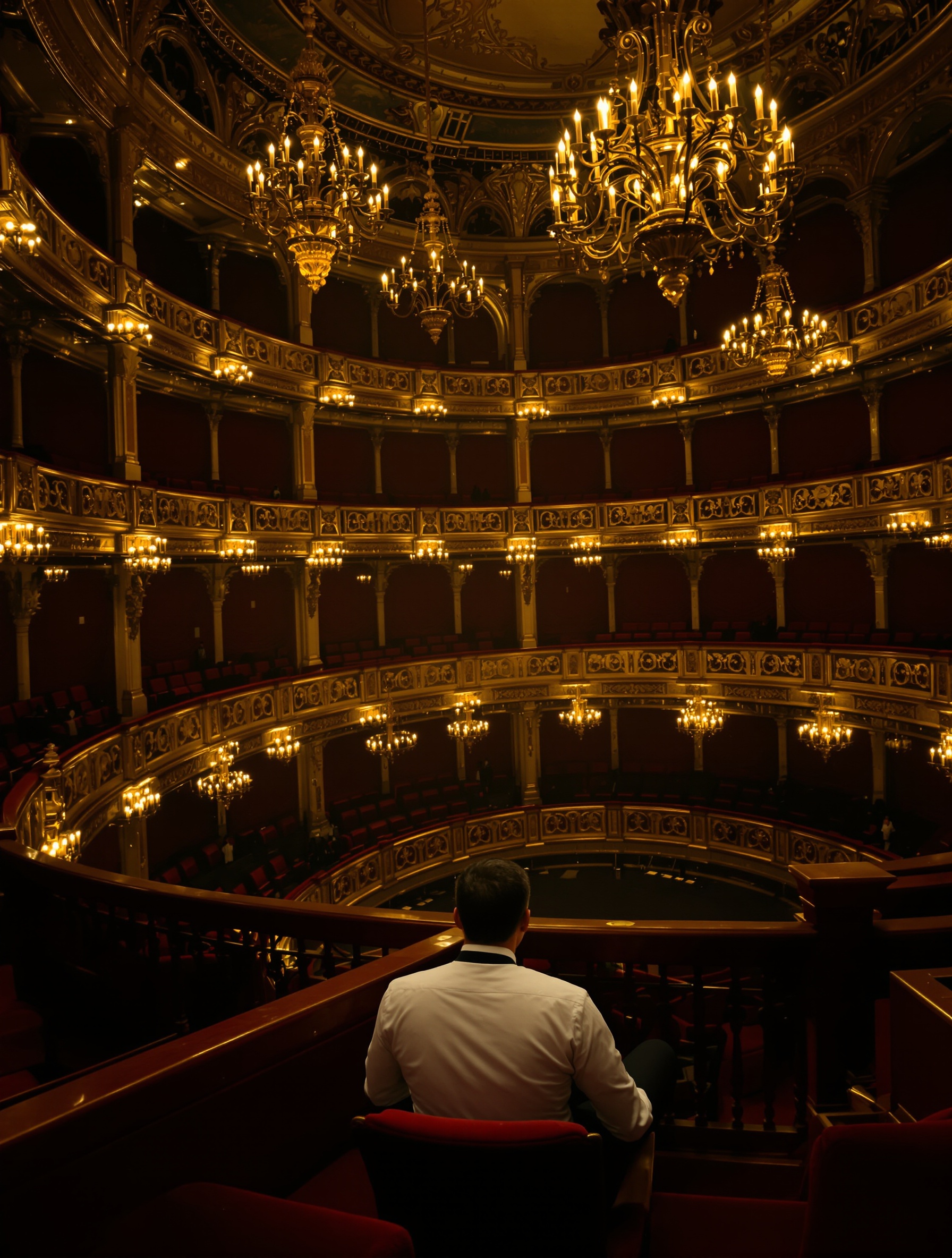 A solitary figure at the rail of an opulent chandelier-lit opera house after the last performance, for Roja Diaghilev.