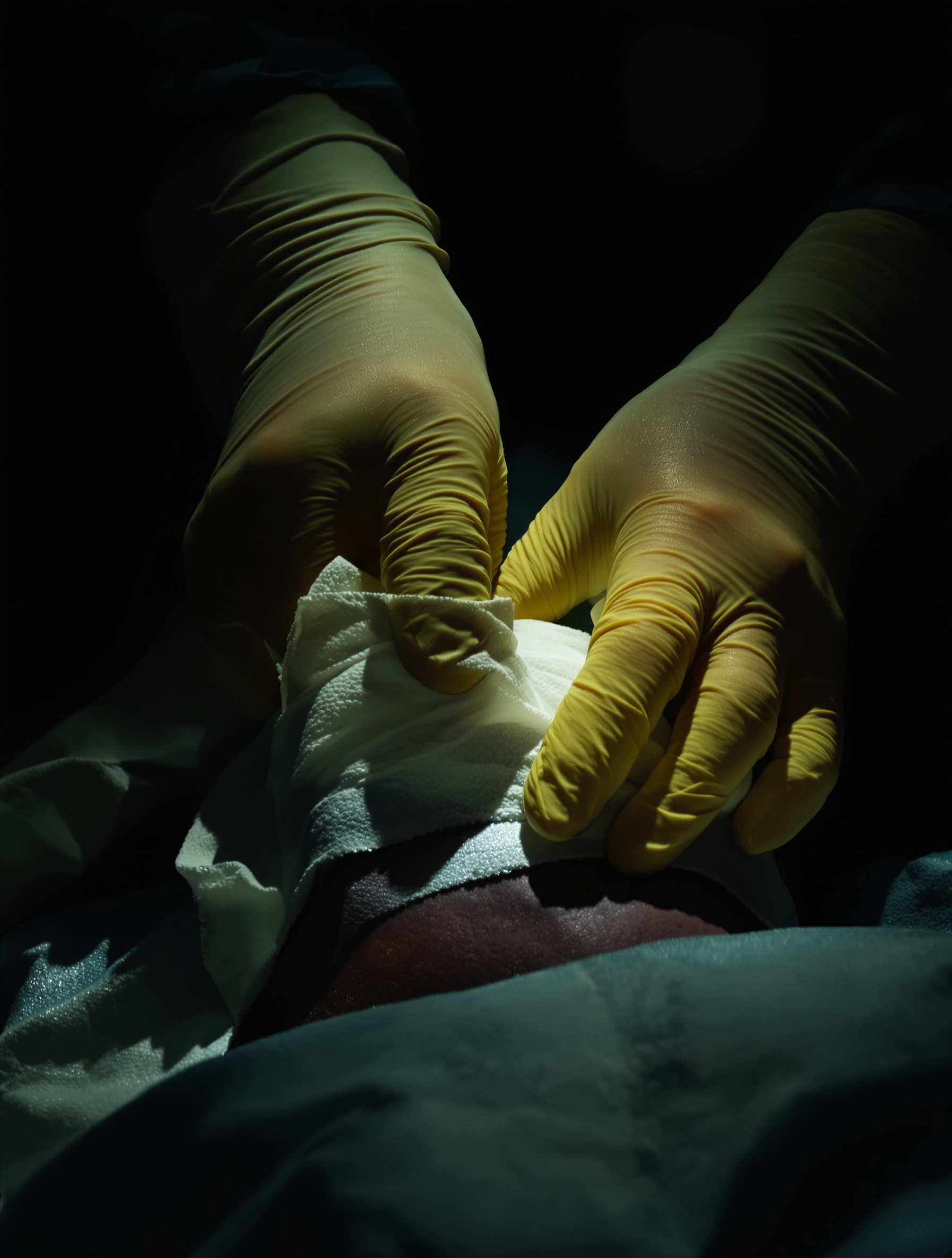 Iodine-stained hands wrapping a bandage in a dark field hospital, embodying the witness-bearing grief of Inexcusable Evil.