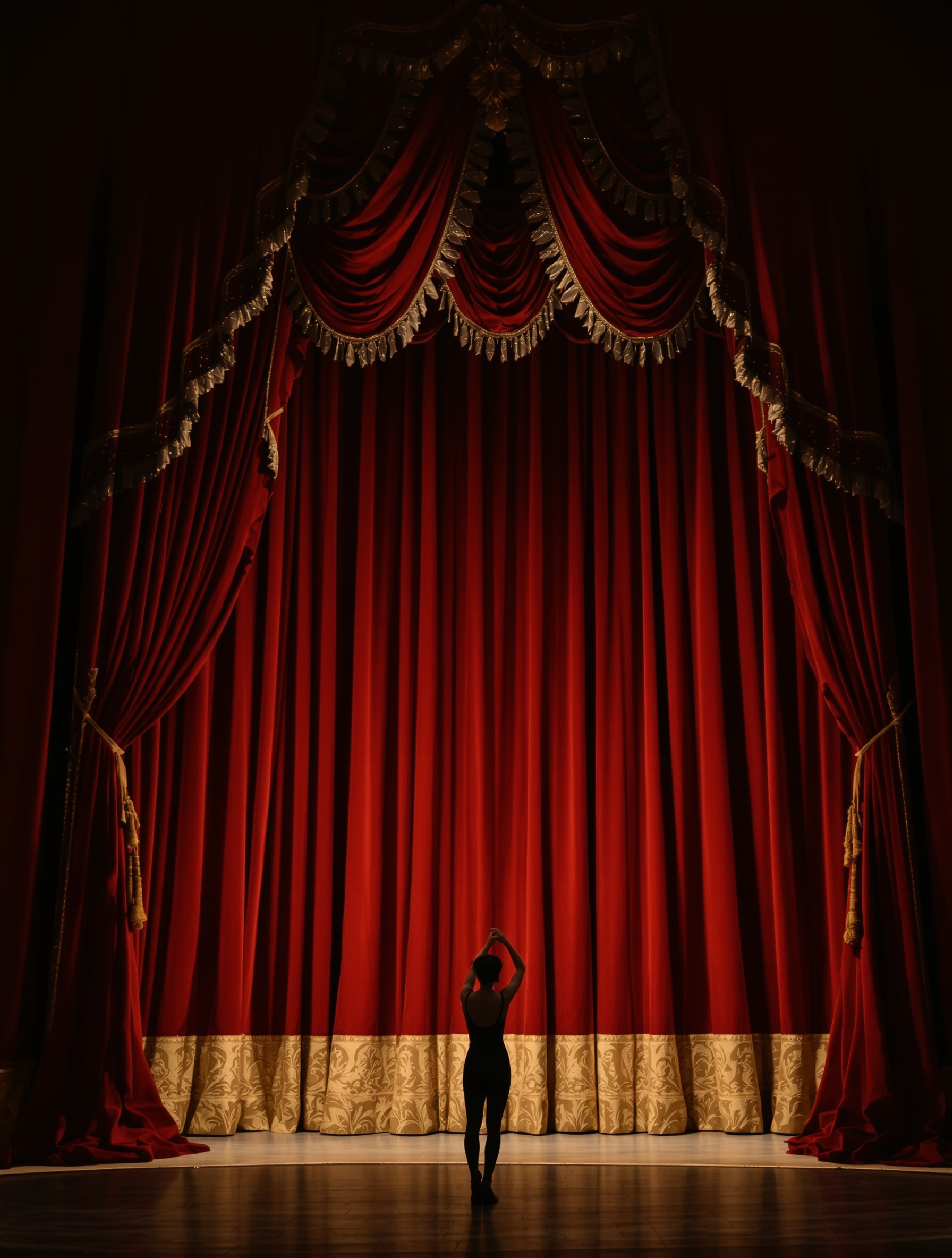 A worn crimson stage curtain parting onto an empty lit stage, a lone silhouette at its edge, for Roja Diaghilev.