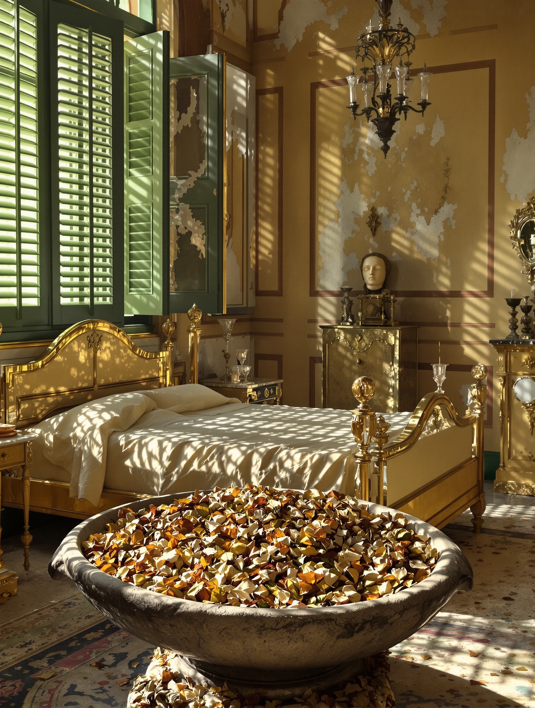 A plaster death mask on dried oakmoss in a shuttered Venetian room, afternoon light dissolving into amber, for Roja Diaghilev.