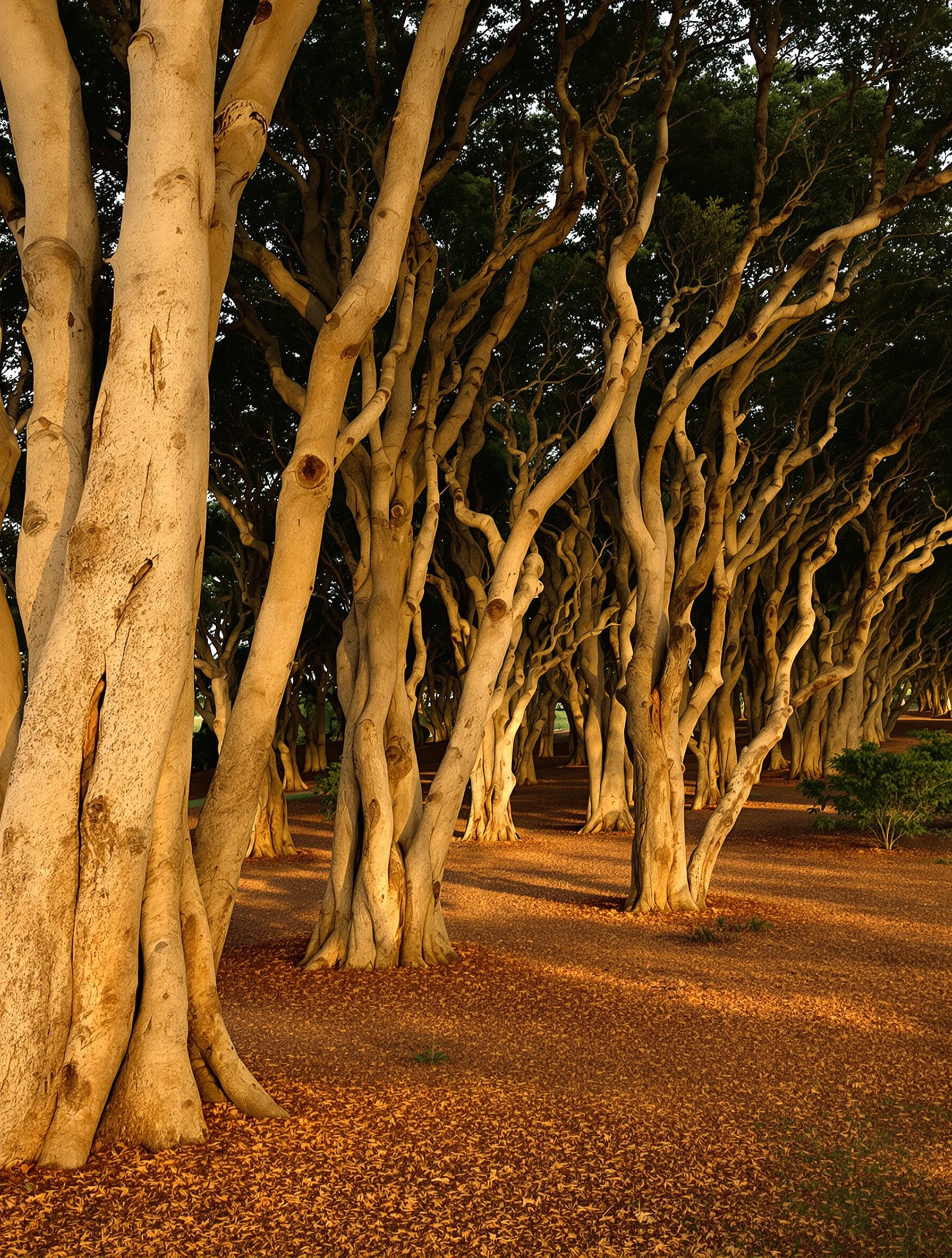 Deep Alentejo cork oak forest bathed in late-afternoon ochre light, evoking the ancestral woody soul of Bois du Portugal.