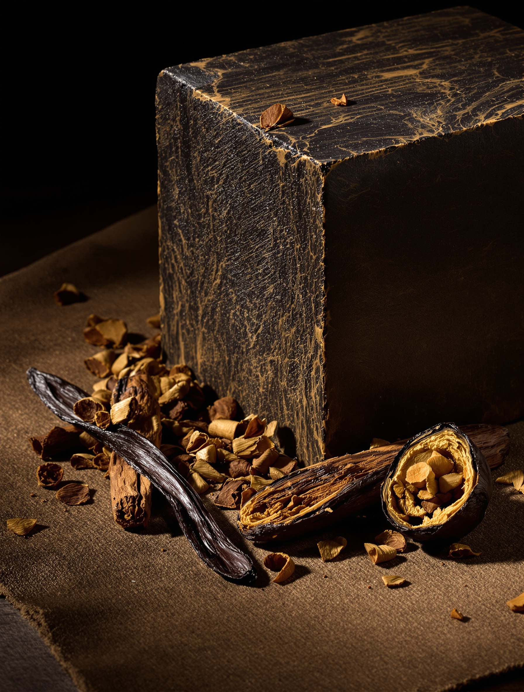 Leżakowane drewno oud z korą cynamonu i rozłupanymi laskami wanilii w skośnym blasku świec, ukazujące materialną duszę Vanilla Waves V2 Extra Musk.