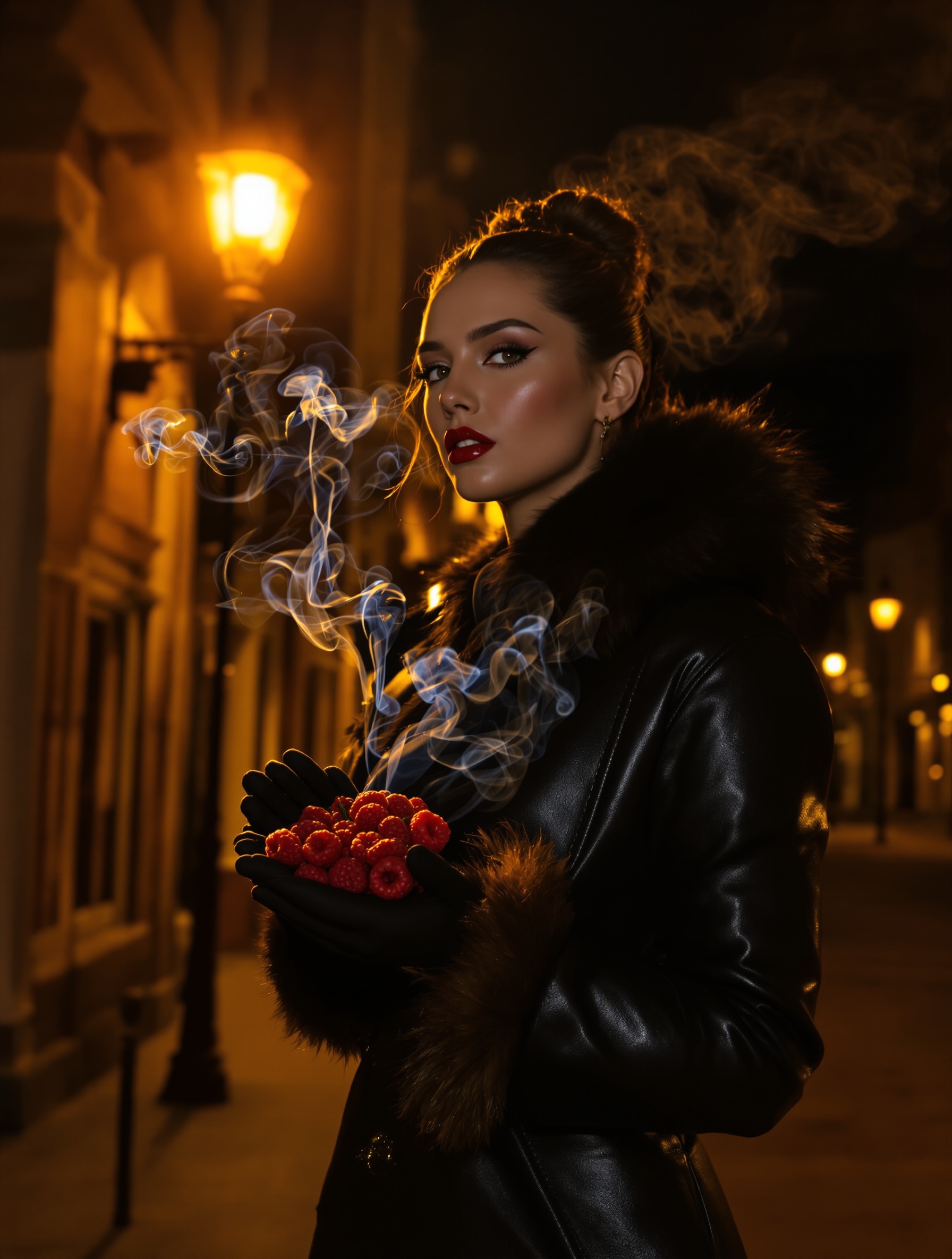 A cinematic midnight portrait evoking Rude Oud by Fragrance Du Bois, where crushed raspberries bleed across black leather gloves beneath a Mayfair amber lamp, saffron at the collar, smoke in the air.