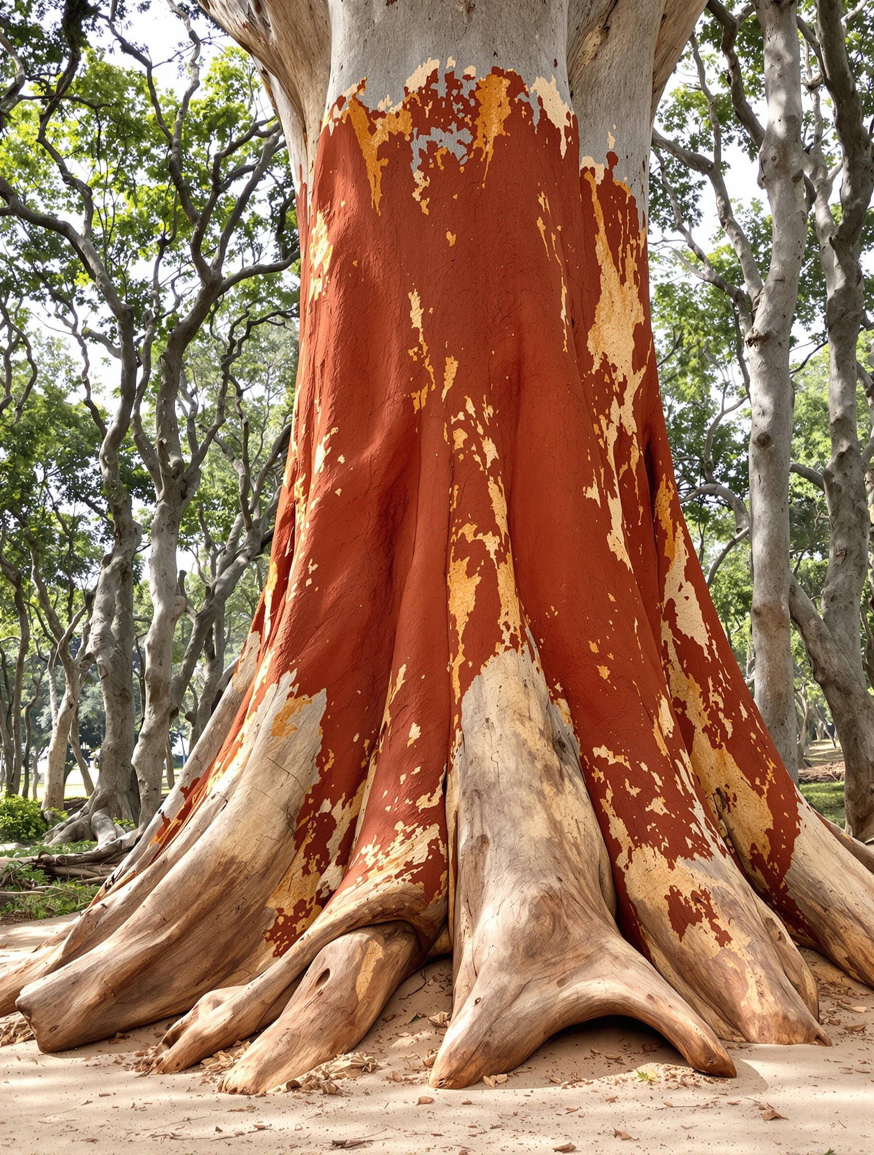 A freshly harvested cork oak showing its raw red underbark in the quiet Alentejo interior, the defining material image of Bois du Portugal.