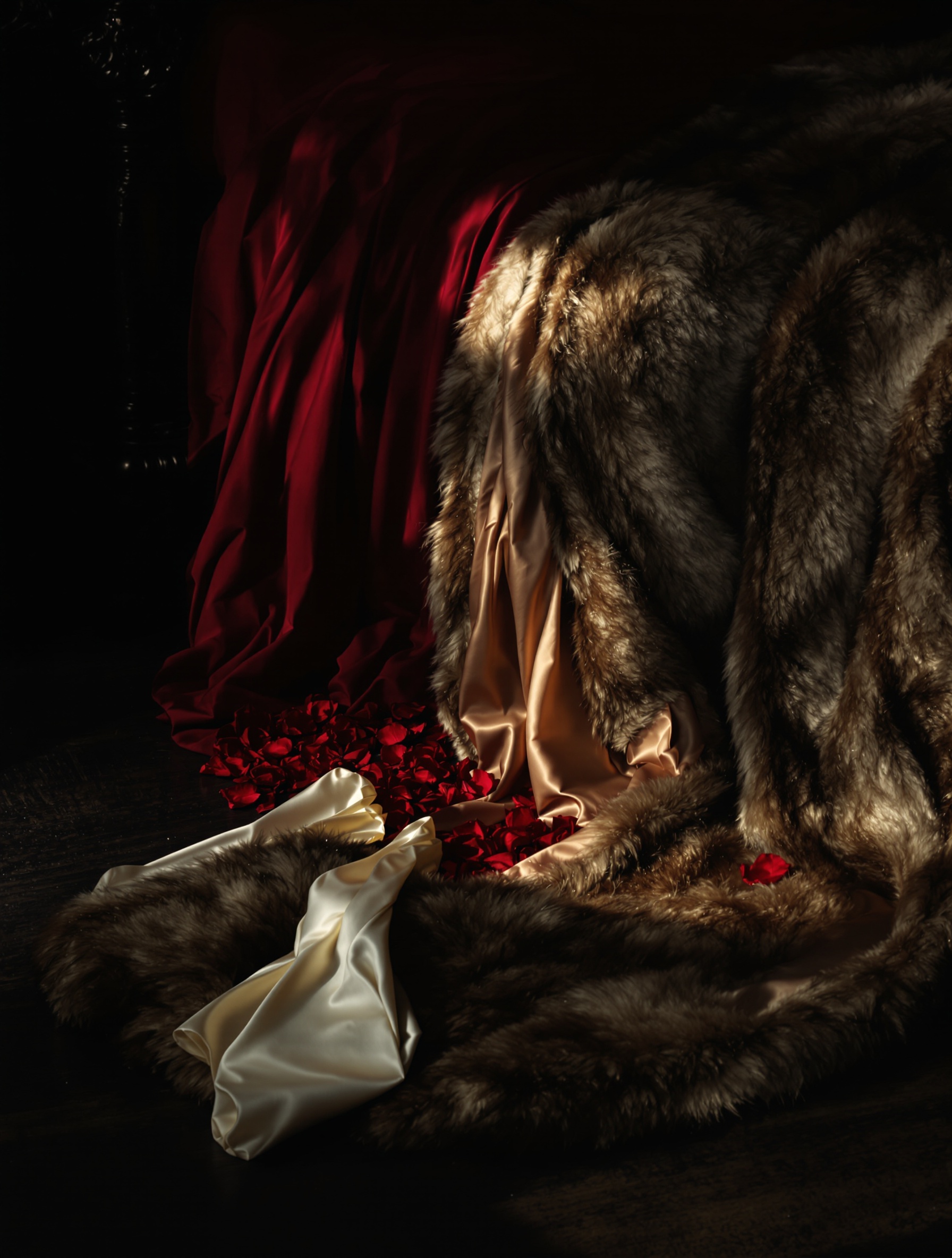 A collapsed fur throw, crushed rose petals, and a snagged satin slip caught in amber candlelight evoke the lingering warmth of Musc Ravageur.