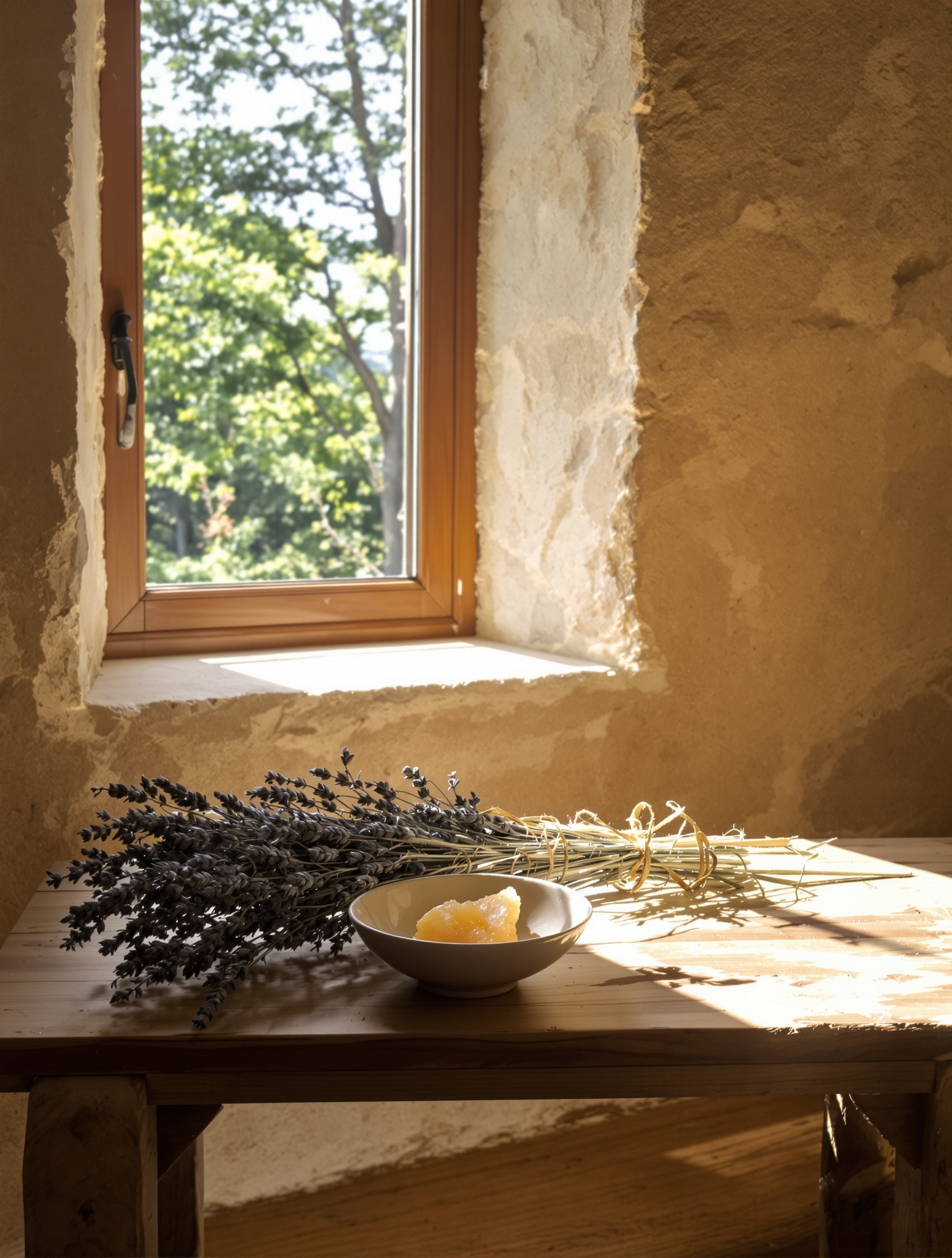 Raw amber resin and dried wild lavender on a stone-country table beside a window open onto the Portuguese forest, the textural heart of Bois du Portugal.