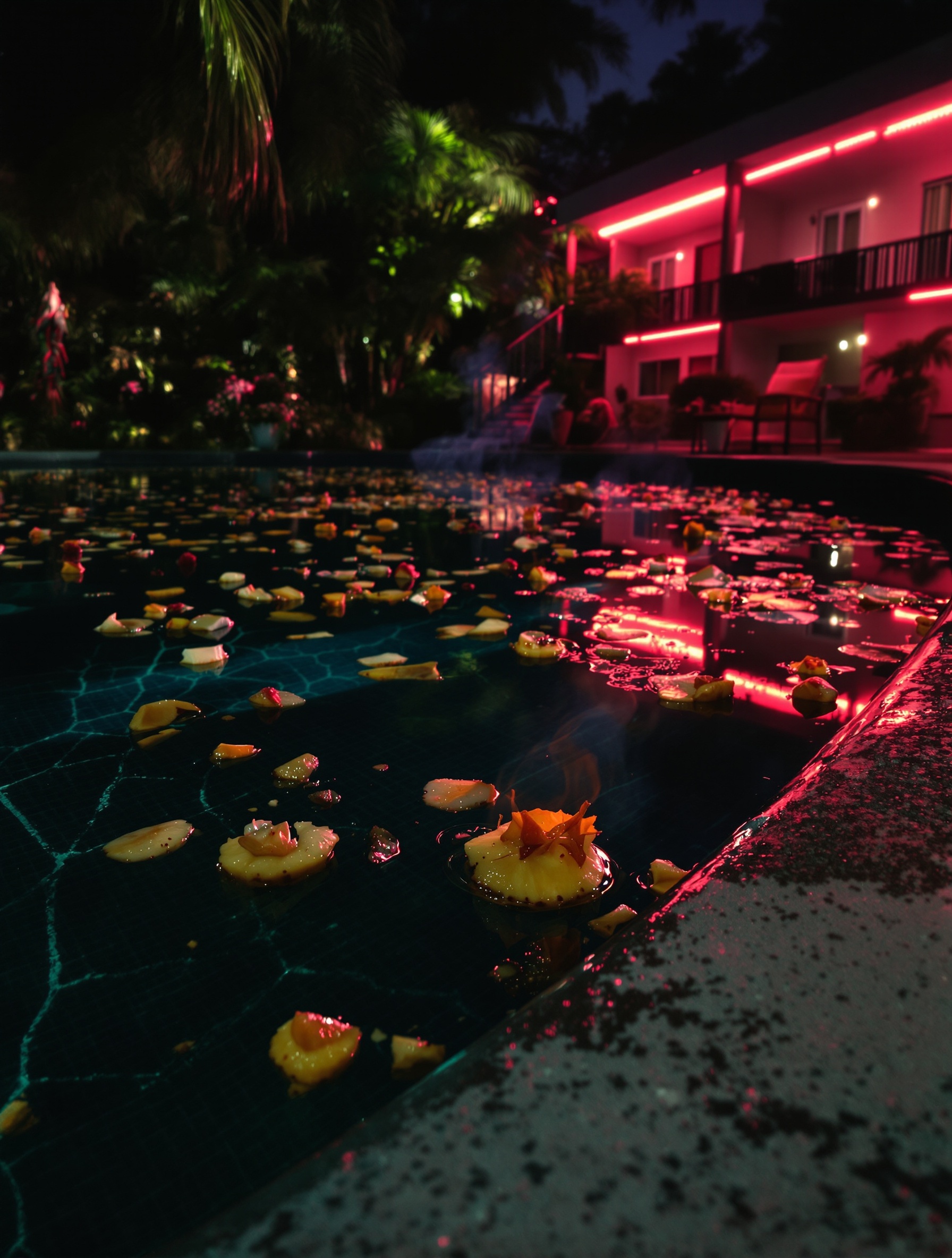 Nieruchoma, czarna woda basenu w odzyskanym kurorcie odbija neonowe koralowe światło i unoszone przez fale skórki tropikalnych owoców, tworząc tło dla zapachu Neon Palms marki Lost Tribe.