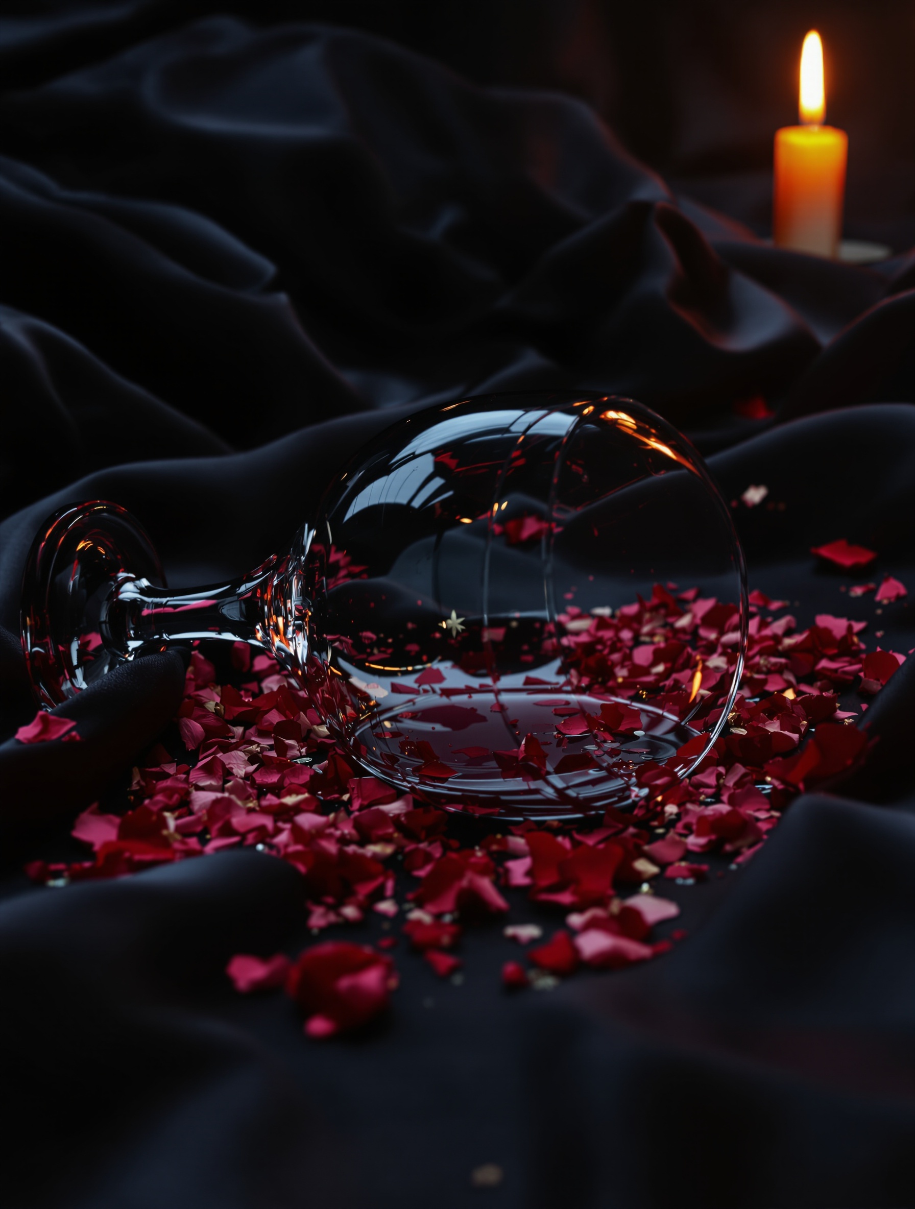 A spilled wine glass bleeding crimson into rumpled black silk sheets with crushed rose petals, lit by a single distant candle, evoking the ravaged aftermath of Musc Ravageur by Frédéric Malle.