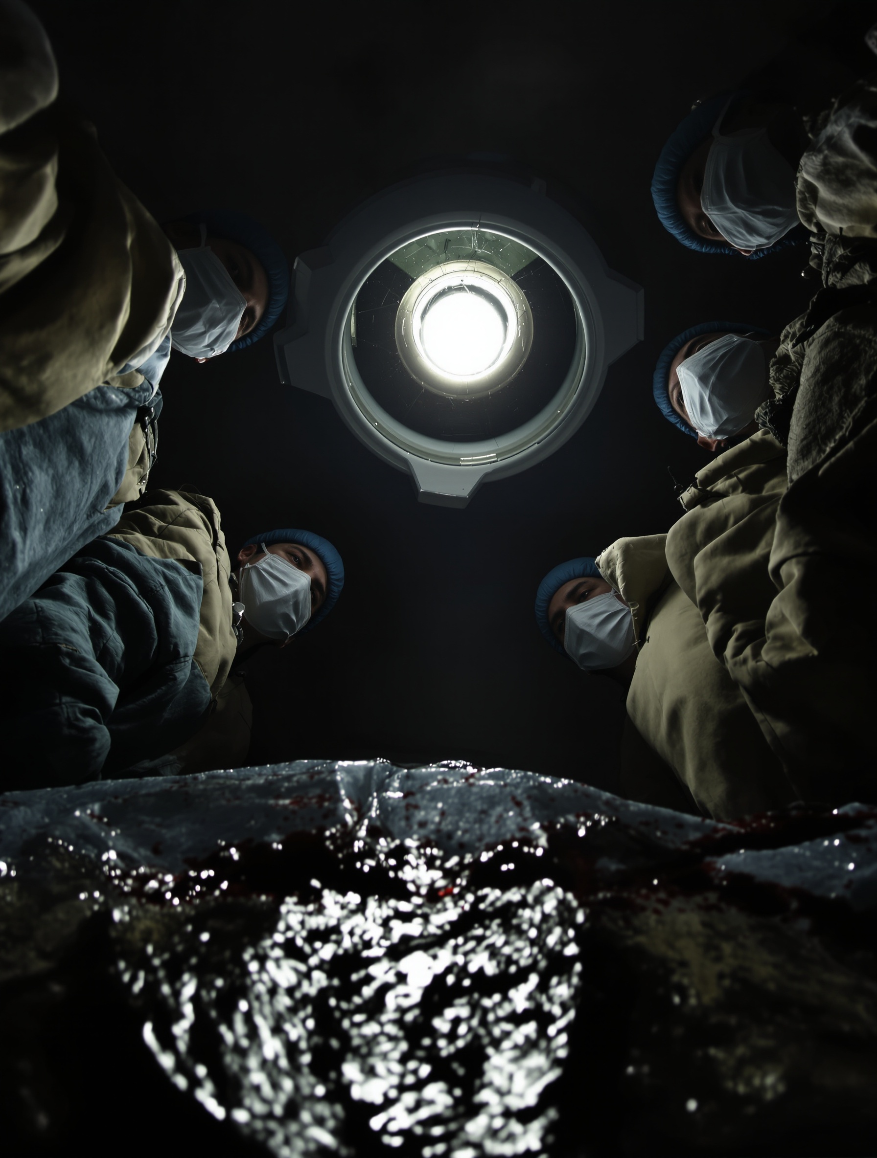 A harrowing upward POV inside a wartime field operating room for Toskovat Inexcusable Evil, sterile lamp blazing above shadowed surgeons, blood vivid on pale concrete below.