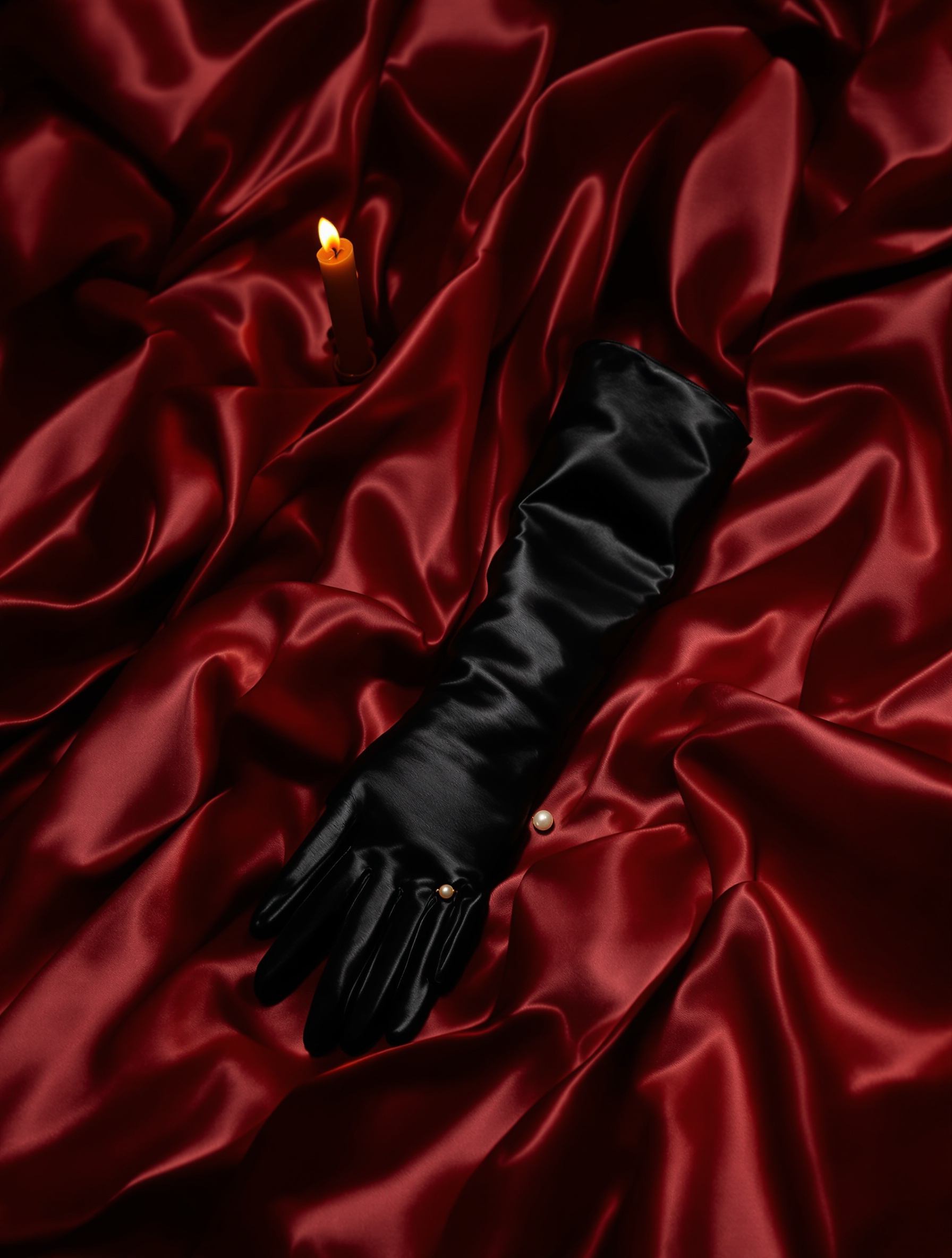 A black satin opera glove and a pearl earring abandoned on wine-red silk in raking candlelight, the intimate aftermath that defines Musc Ravageur.