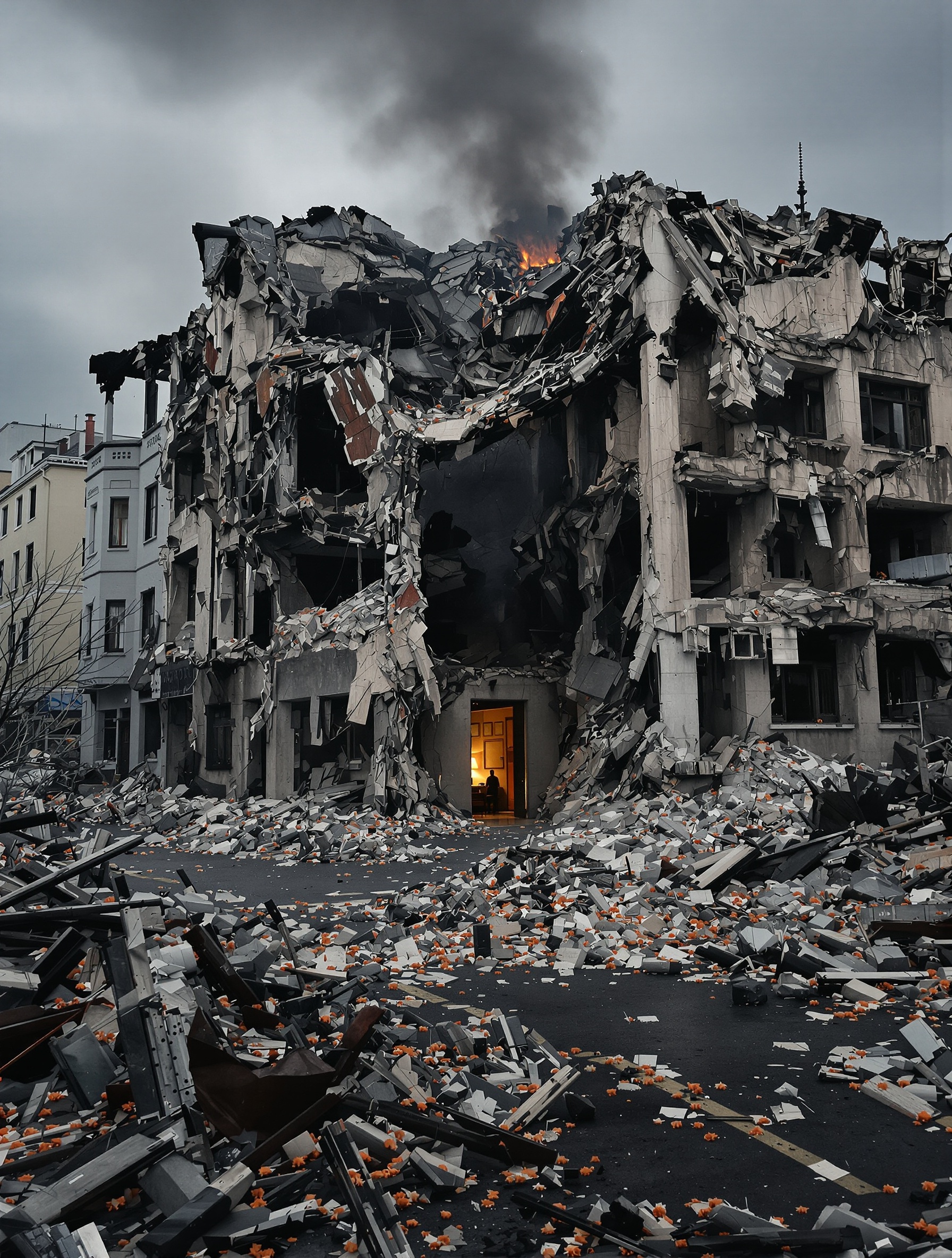 A desolate bombed street at dusk, collapsed facades and marigold petals on wet rubble, evoking the grief and witness at the heart of Inexcusable Evil by Toskovat.