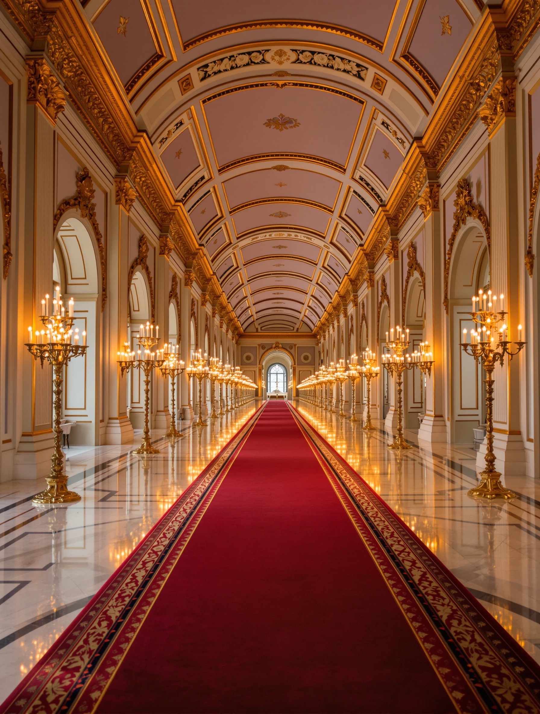 A vast gilded palace hall with scarlet carpet, candlelit walls, and deep perspective captures the opulent, ceremonial world of Royal Princess Oud.