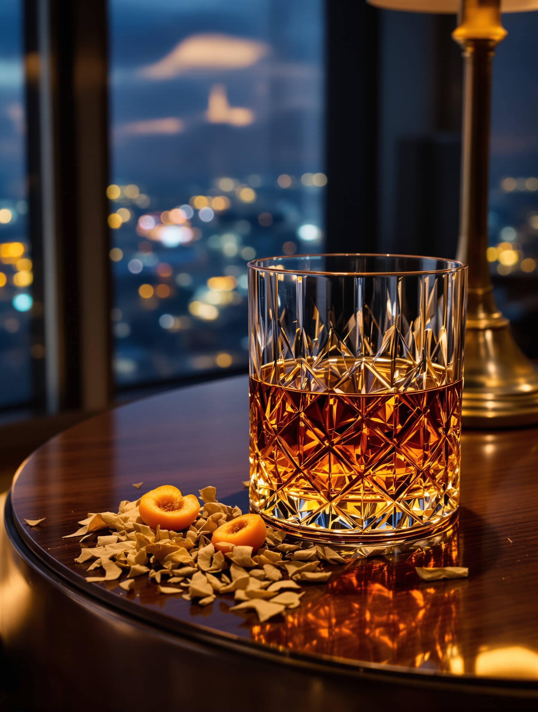 A crystal glass of glowing amber rum beside blonde tobacco and dried fruit on dark walnut, the city at dusk blurred beyond, for Blond Amber.